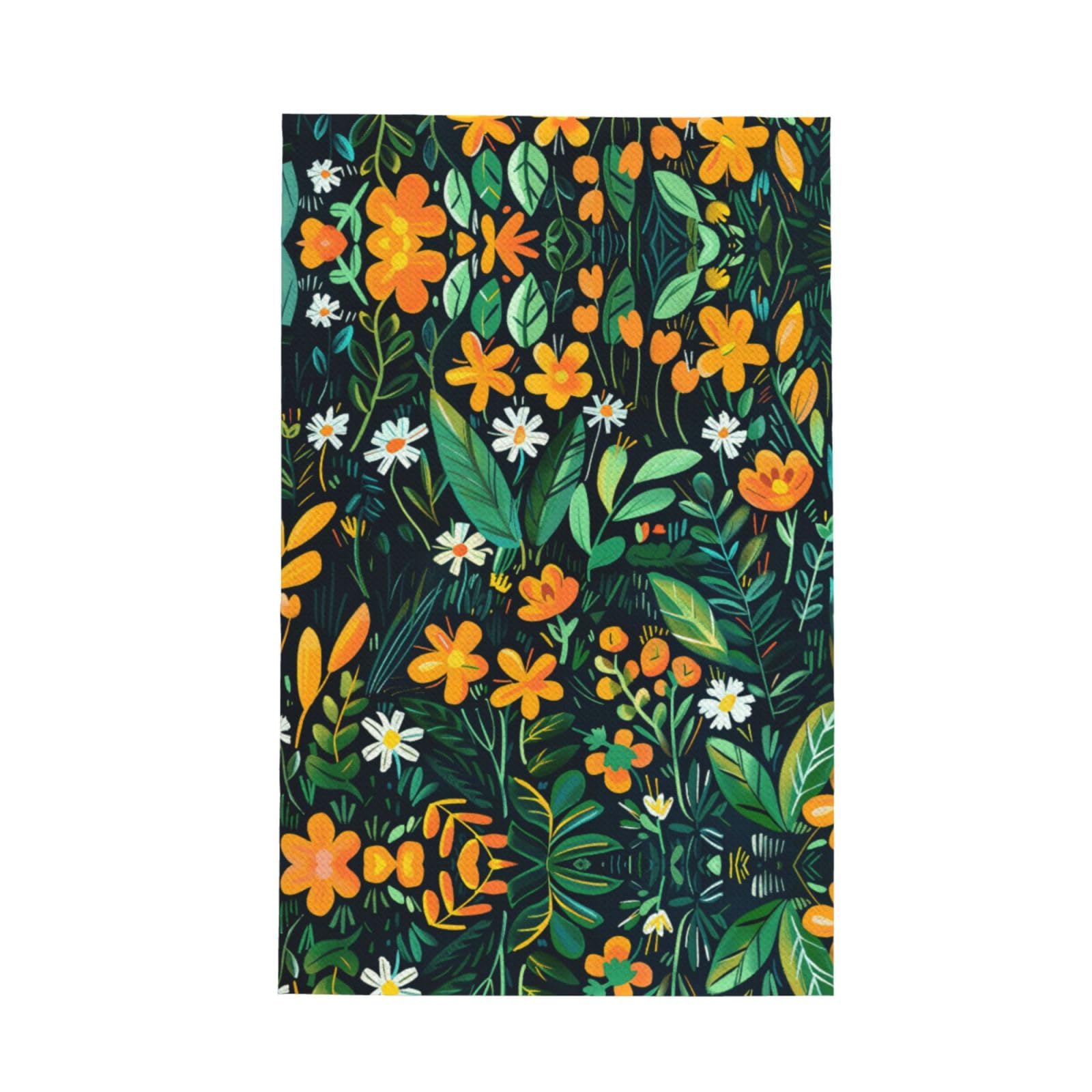 Xxahnbm Black Bright Orange Night Flowers Print Waffle Kitchen Towel,Absorbent Hand Towel