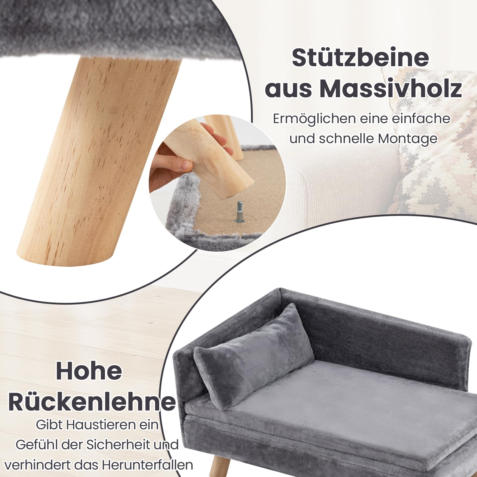 GYMAX Hundesofa erhöht, Katzensofa mit Rückenlehne, Kiefernholzbeinen & abnehmbaren Kissen, Haustiersofa für mittlere Hunde unter 50 kg, Hundebett, Hundecouch, 81 x 51 x 47 cm (Grau)