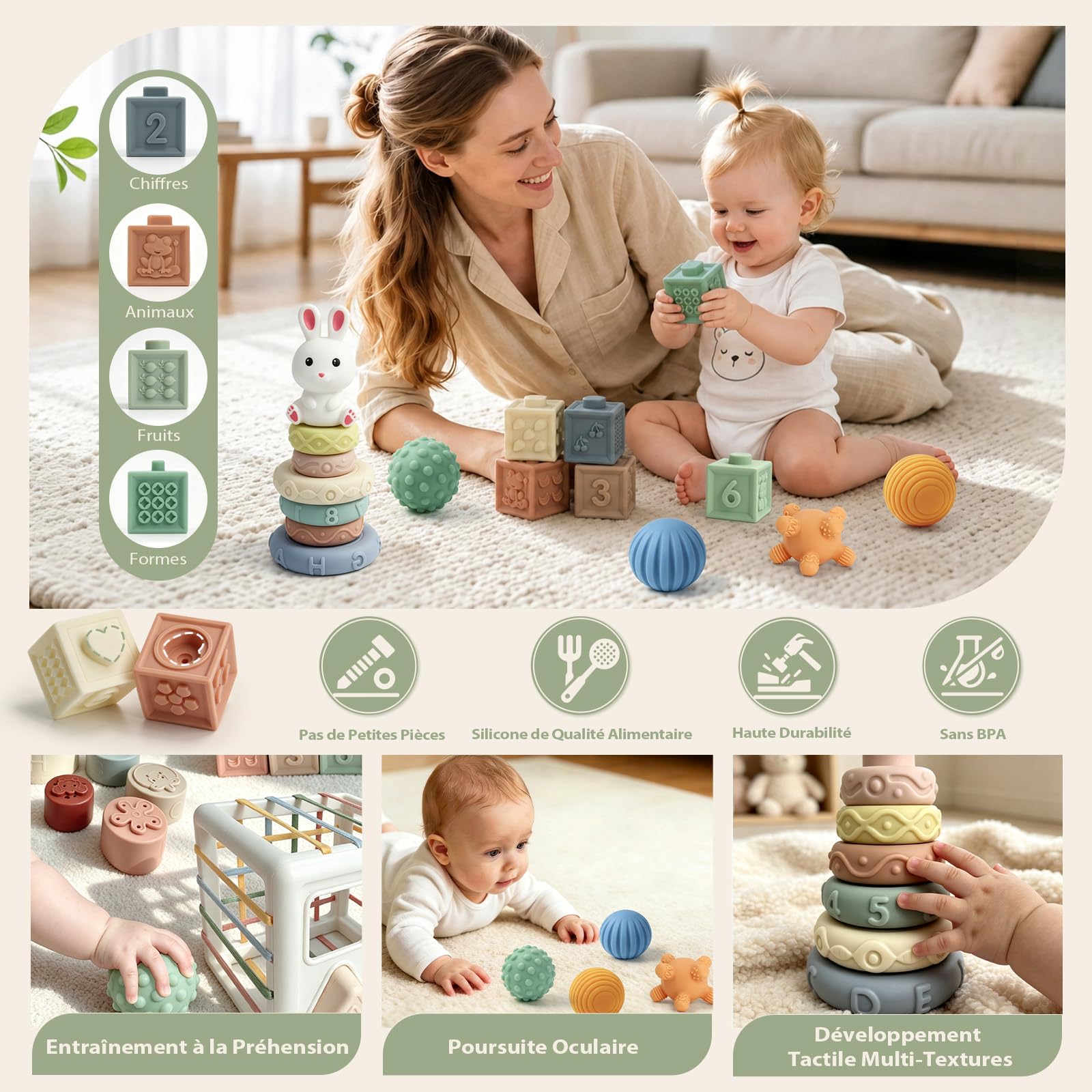 Anook Jouet Bebe 6 Mois, Jeux d’Éveil Bebe 6-12 Mois,6 en 1 Jeux Montessori | Jeux Sensoriel Bebe avec Jouets à Empiler,Boîte à Mouchoirs,Trieur de Formes,Balles Sensorielle Bebe, Cadeau Bébé 6-12 Mois
