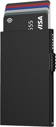 VULKIT Tarjetero minimalista Pop Up Tarjetas RFID Protección Slim Metal Wallet, Mate negro, Minimalista