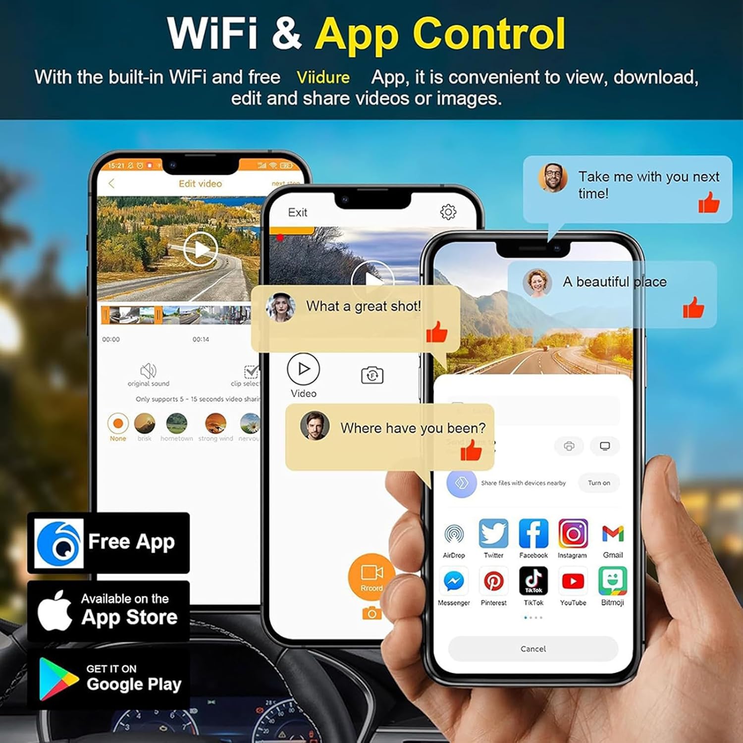 Smartphone screens showing the dashcam's Wi-Fi and app control interface