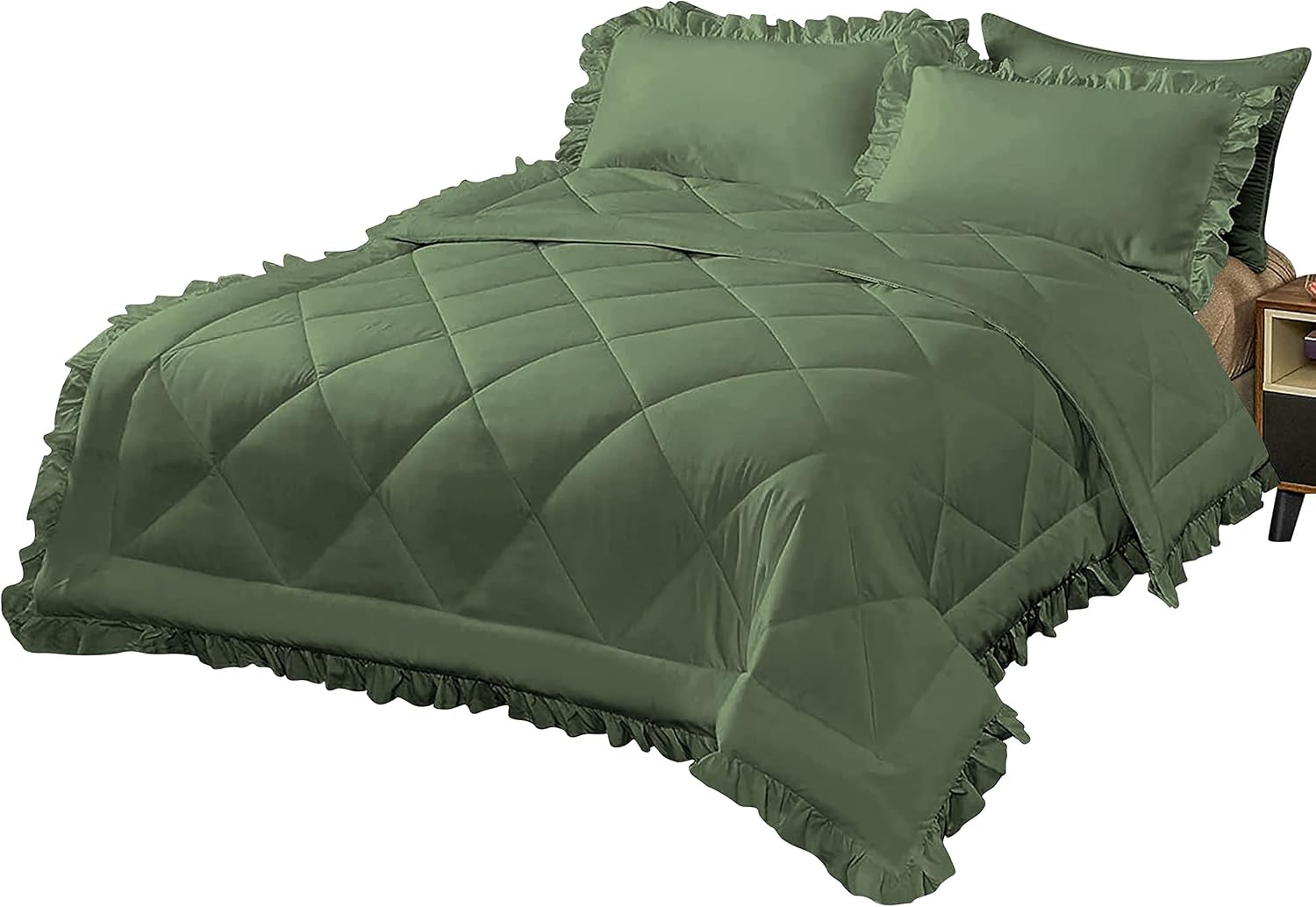 Velosso 3 Piece Diamond Pattern Ruffle Comforter Set - 600 GSM | 100% Egyptian Cotton | 1000 Thread Count - Moss Solid - Full/Queen Size - Premium Hotal Quality