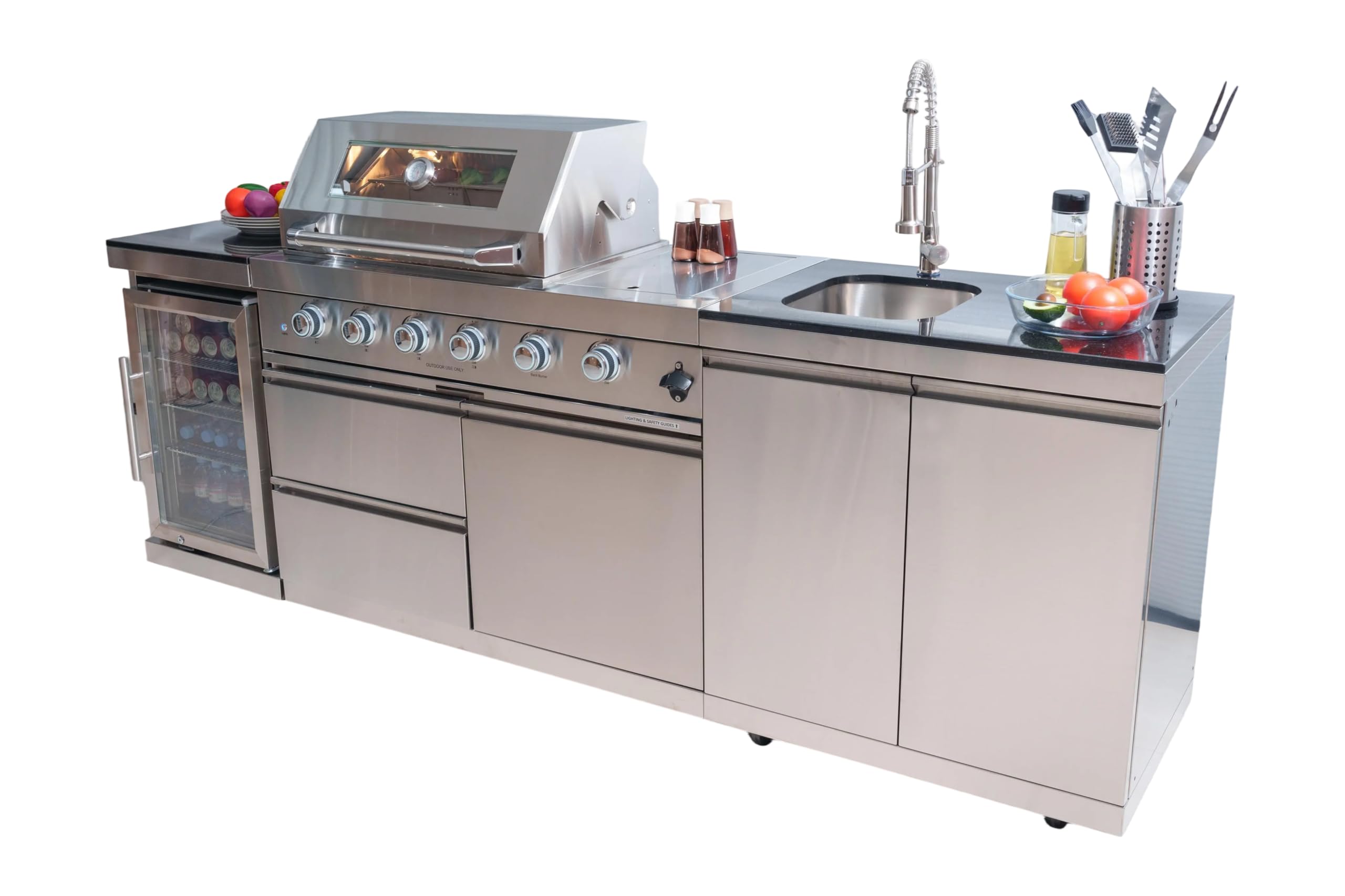 Dvasovio 98 inch outdoor kitchen island with wine cooler, sink, and granite countertops