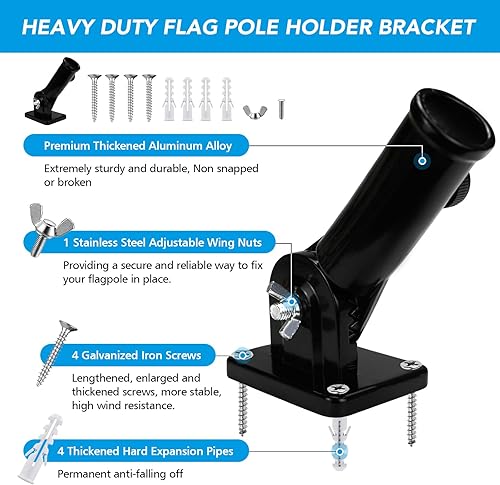Miniatura 2 de HOOPLE Soporte para asta de bandera para casa exterior, soporte de poste de bandera ajustable, soporte de bandera de metal para exterior, soporte de