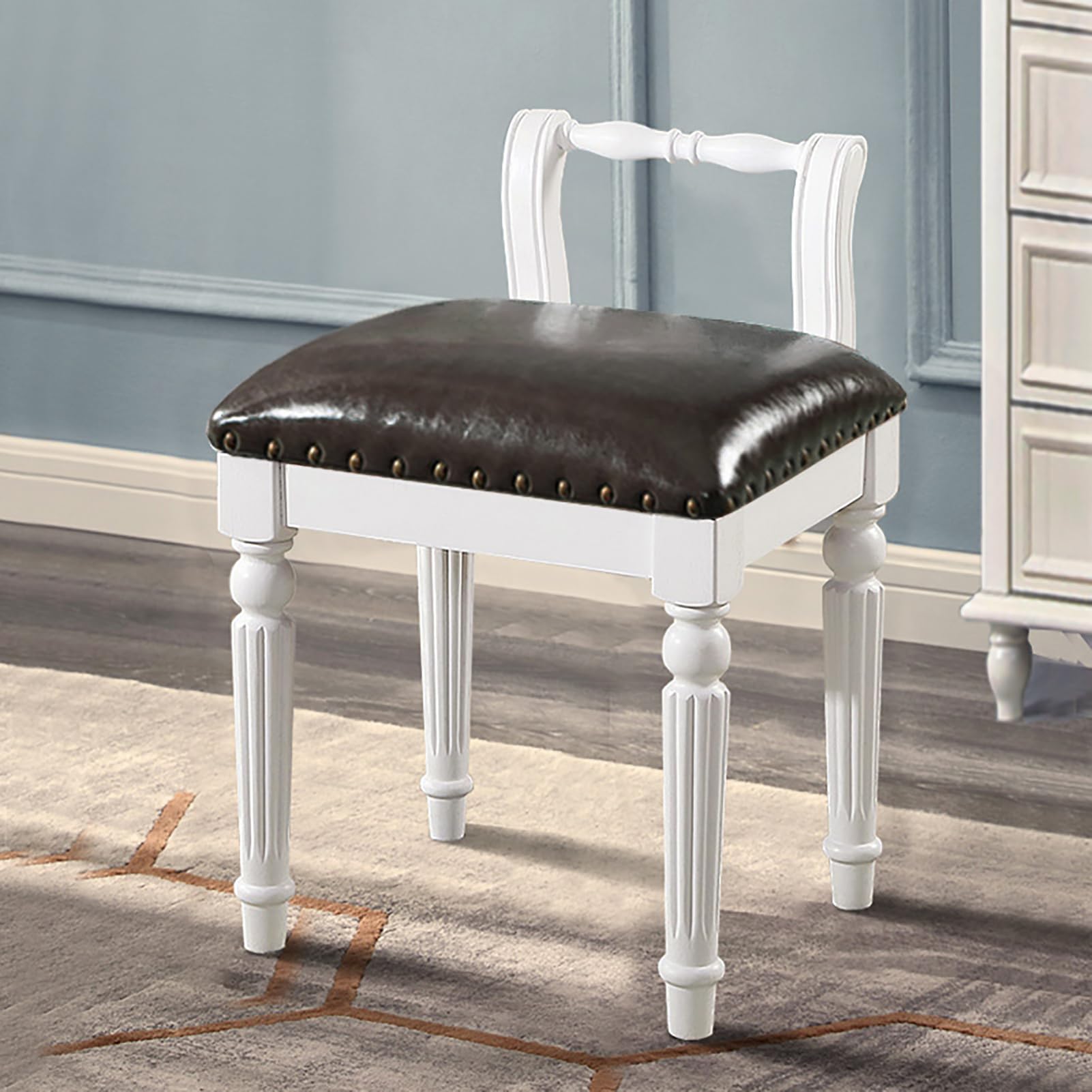 GHFXSCV Vintage Upholstered Makeup Stool with PU Leather Cushion, Solid Wood Legs, Entryway Shoe Rack, Footrest for Bedroom & Living Room (35 x 40 x 45 cm)