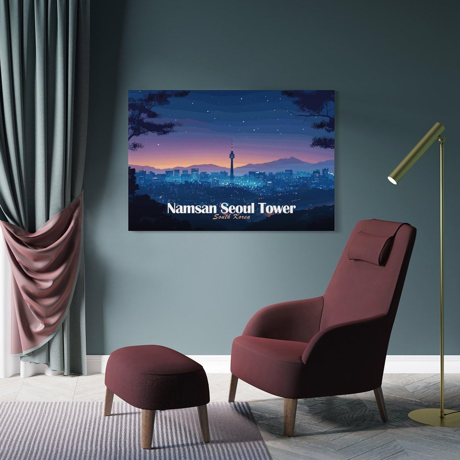 Junmoney Frame-Style-12-1 Decorative Wall Artwork Namsan Seoul Tower At Night, 20X30inch(50X75cm), For Sofa Walls, Lounge Or Home Corners, Modern Wall Decor For Cosy Interiors