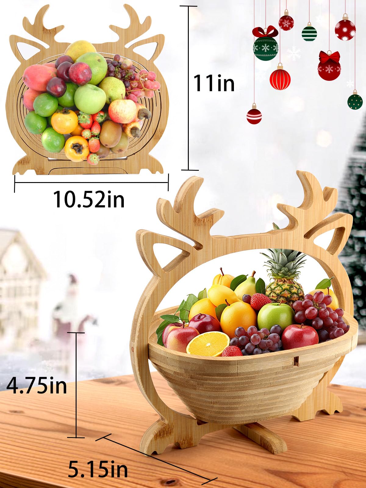 Kalolary Christmas Elk Wooden Fruit Basket - Foldable Bamboo Tray With Handle for Holiday Party Decorations and Dried Fruit Gifts - Image 2