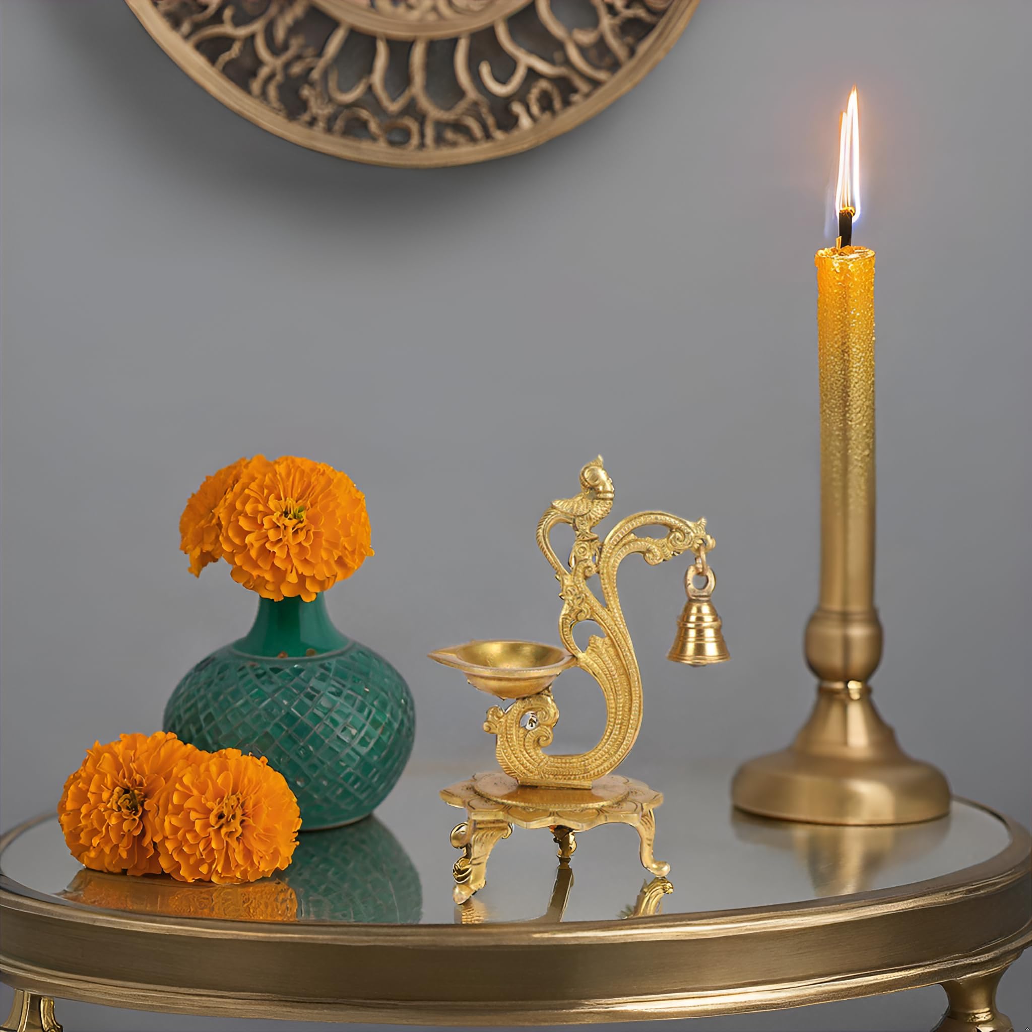 Kartique Brass Bell Diya for Puja Room Peacock-Theme Designer Deepak Deepam Lotus Stand Home Decor Decorative Showpiece Return House Warming Gifts