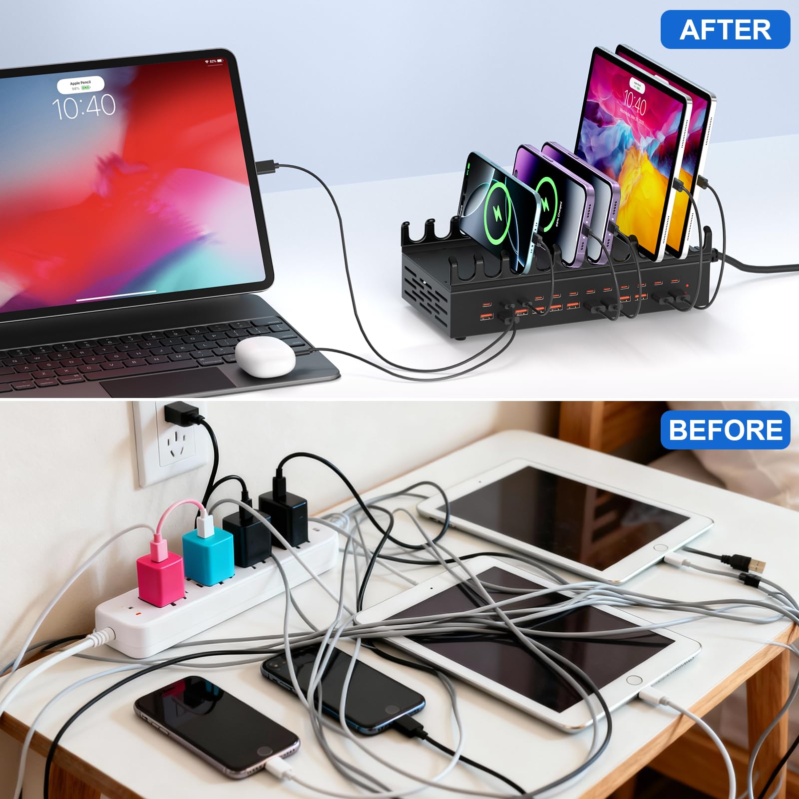 Estación de carga multipuerto USB de 300 W, 24 puertos de carga rápida, compatible con teléfonos, iPad, AirPods, consolas de juegos, pequeña y segura para el hogar, la oficina y los viajes