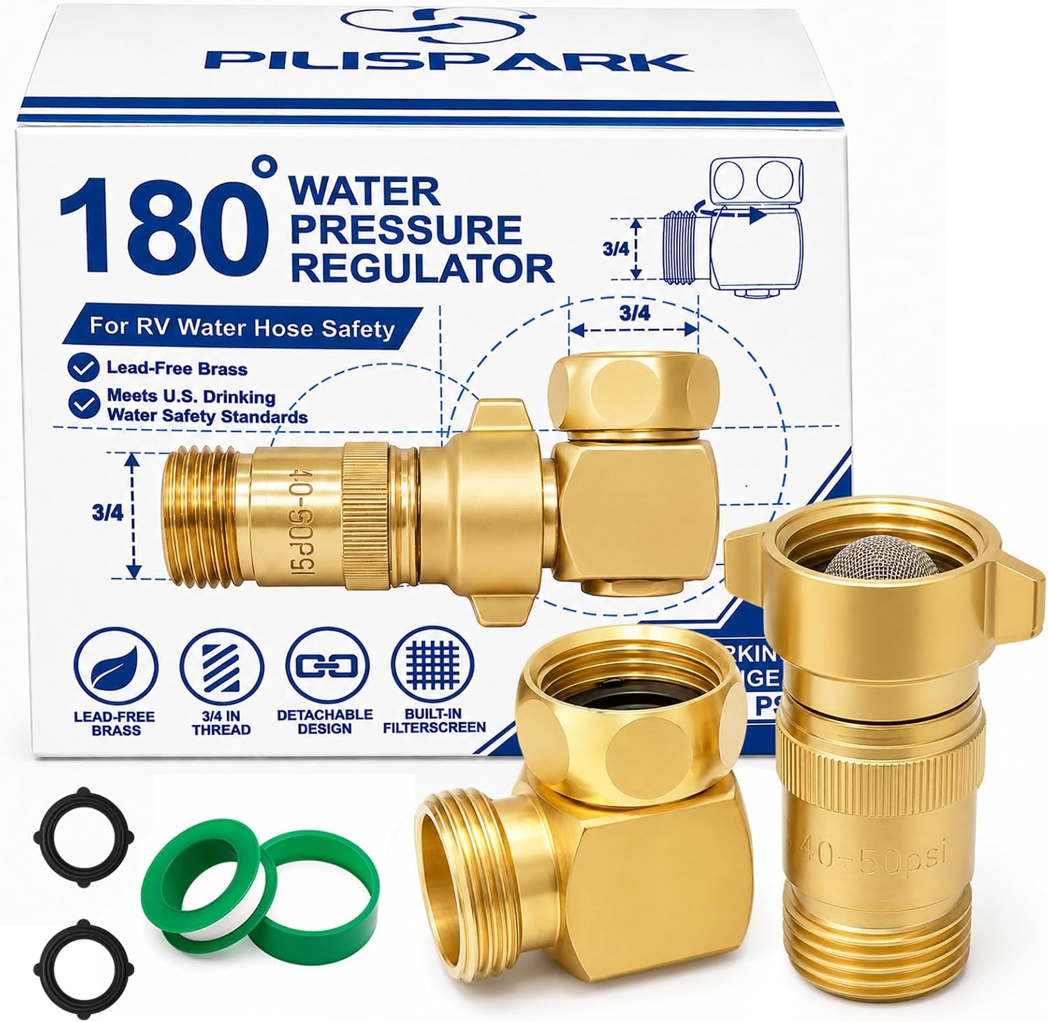 3-Piece RV Water Pressure Regulator Kit with 90° Swivel Elbow and PTFE Tape
