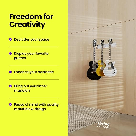 String Swing Wall Mount Guitar Rack - Multiple Acoustic & Electric Guitar Organizer With 3 Padded Arm Hangers & White Slatwall Rail - MADE IN USA