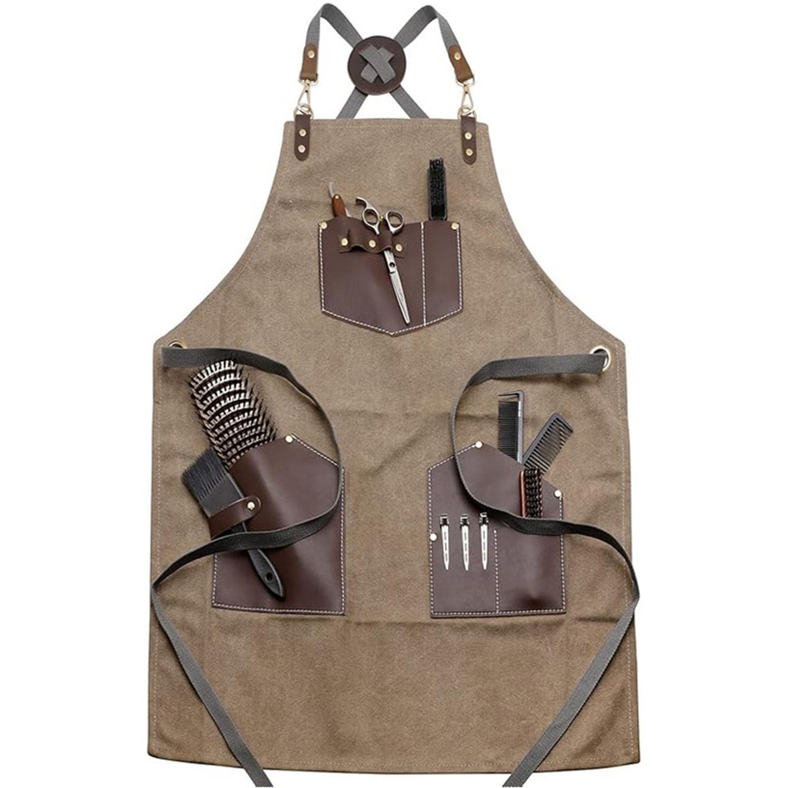 Delantal De Barbero De Lona Ajustable Espalda Cruzada Delantales De Trabajo para Hombres Y Mujeres Múltiples Bolsillos Adecuado para Tatuadores, Peluqueros, Camareros Camel,One Size