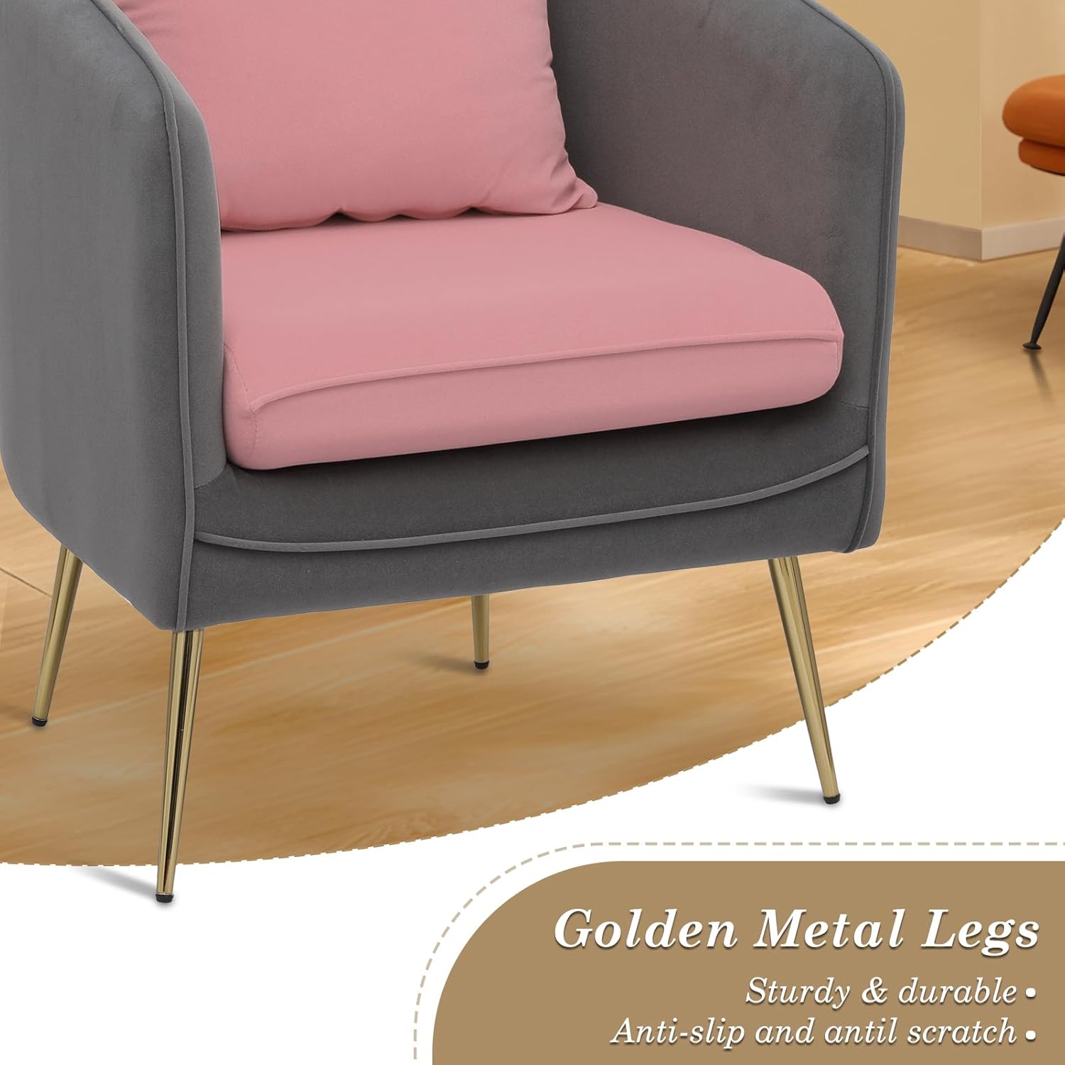Athena Collection Modern Barrel Accent Chair with Cushion Pillow, Leathaire Fabric Reading Arm Chair for Adults, Comfy Sofa Armchair with Metal Legs for Living Room Bedroom Small Space, Grey Pink