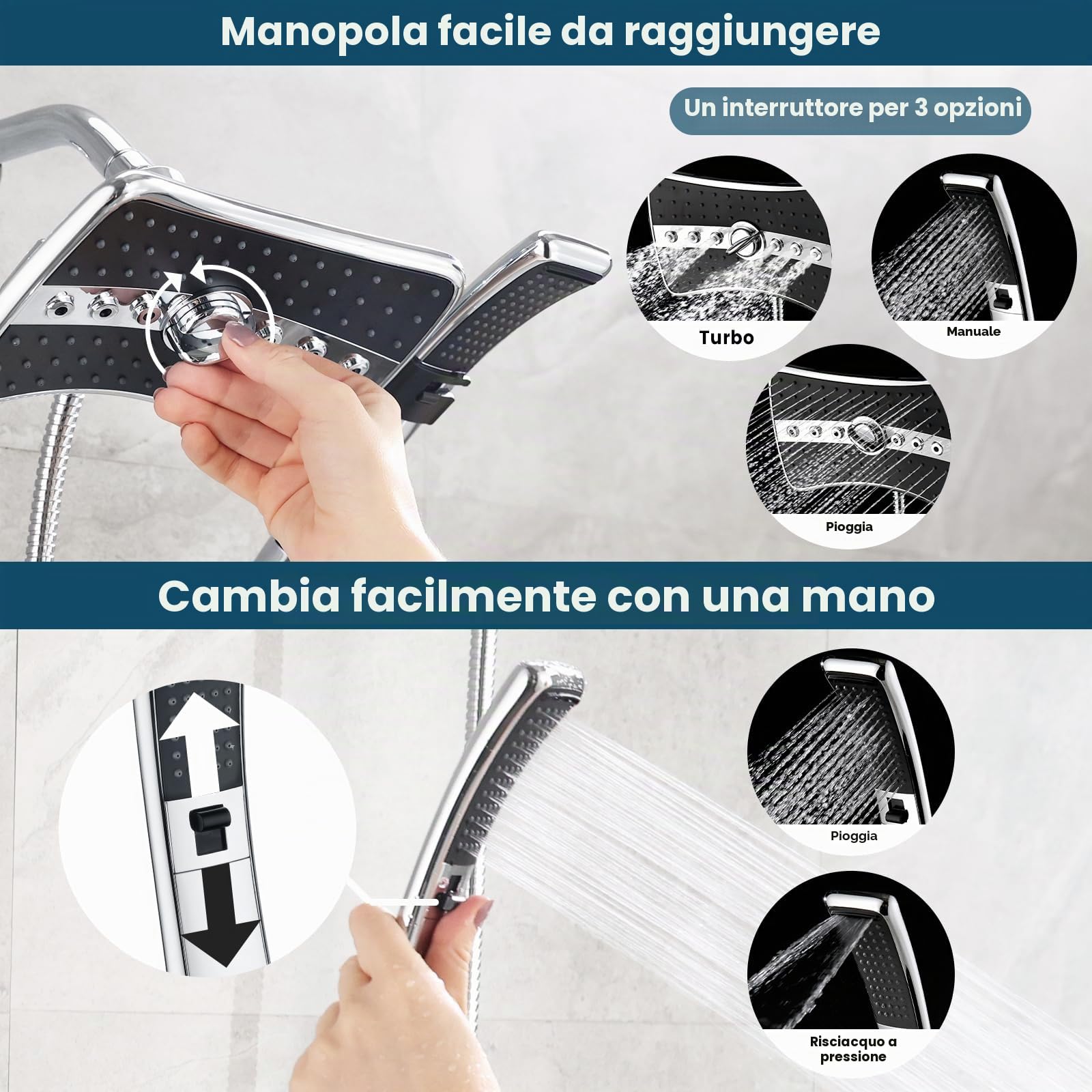 BRIGHT SHOWERS Set doppio soffione doccia combinato, soffione doccia a pioggia con quadrante nero, lungo 152 cm, tubo doccia in acciaio inox, cromato