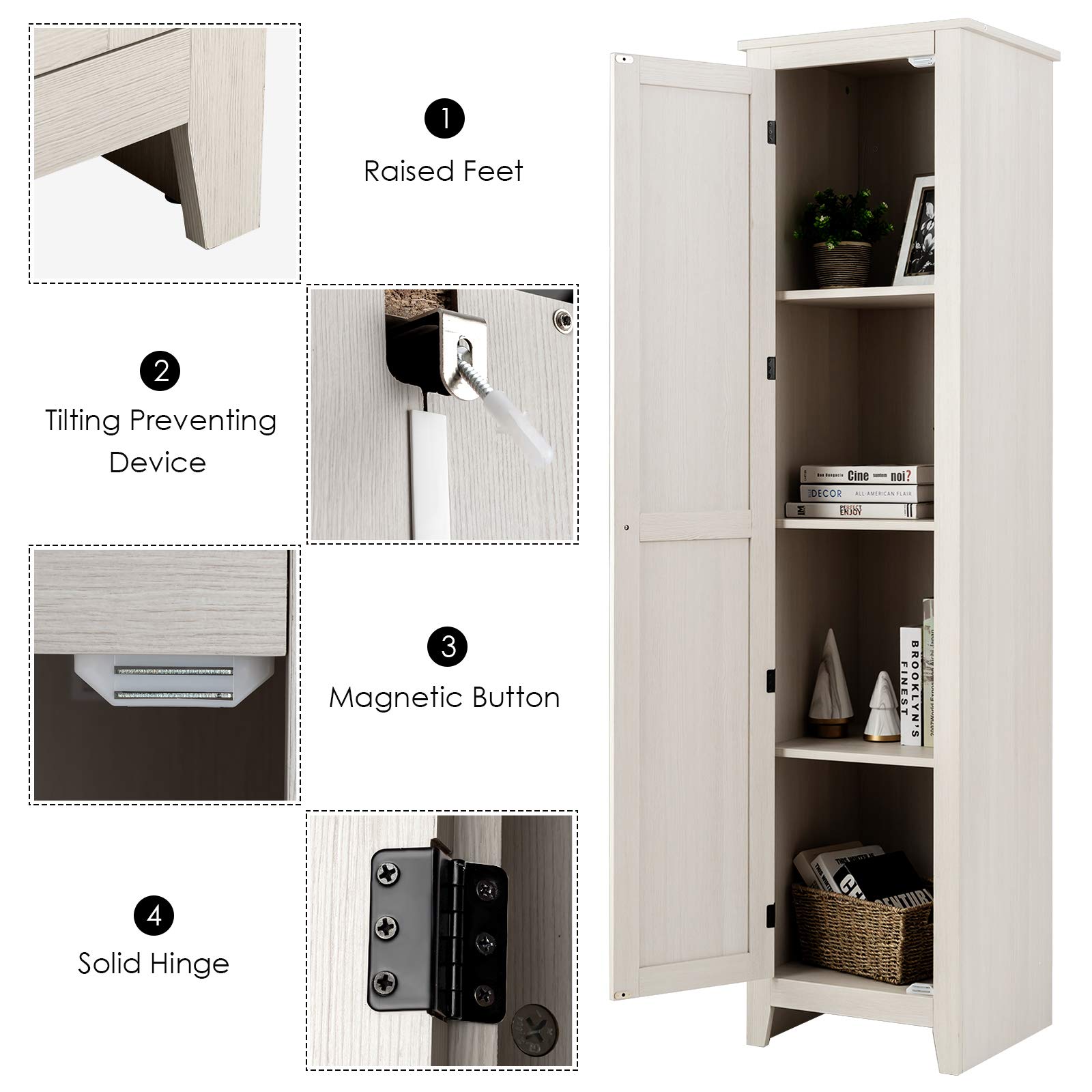 GIANTEX Armadietto alto da 183 cm, armadio stretto per bagno con 1 porta e 4 ripiani, armadio per la conservazione per cucina, soggiorno e bagno, armadio da cucina indipendente (Bianco)