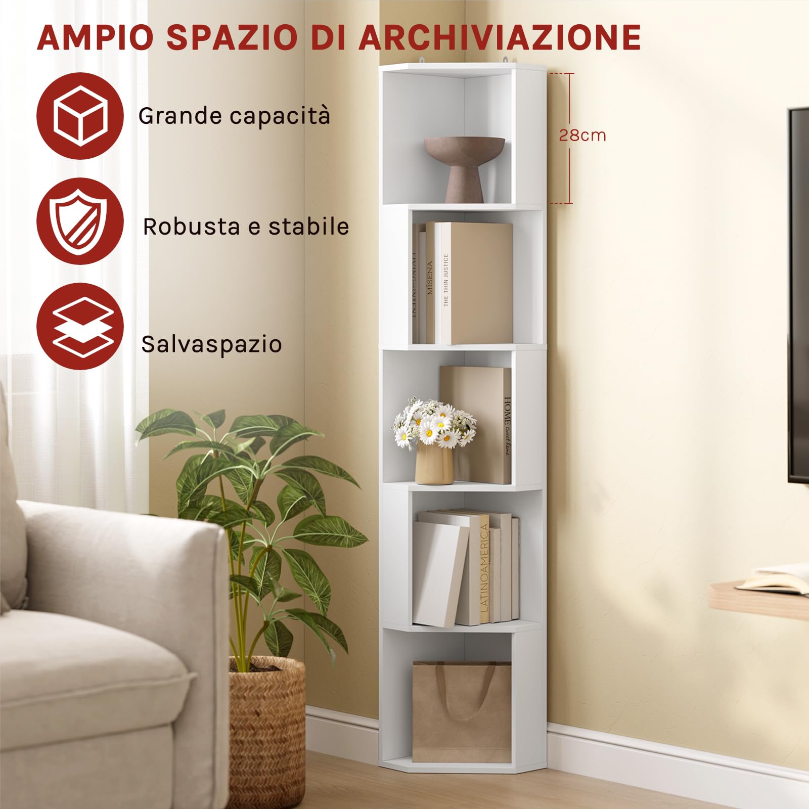 WOLTU Scaffale ad Angolo, Libreria Verticale Bianca, Scaffale Divisorio | con 5 Scomparti Aperti, per Soggiorno/Studio/Camera da Letto
