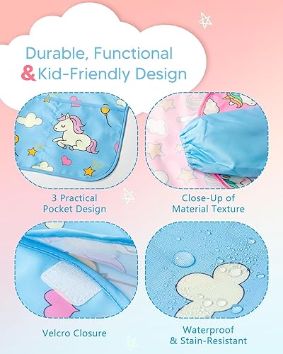 Miniatura 4 de Oiomniv Delantal de pintura para niños, impermeable, de manga larga, con 3 bolsillos, bata lavable para niños de 3 a 8 años