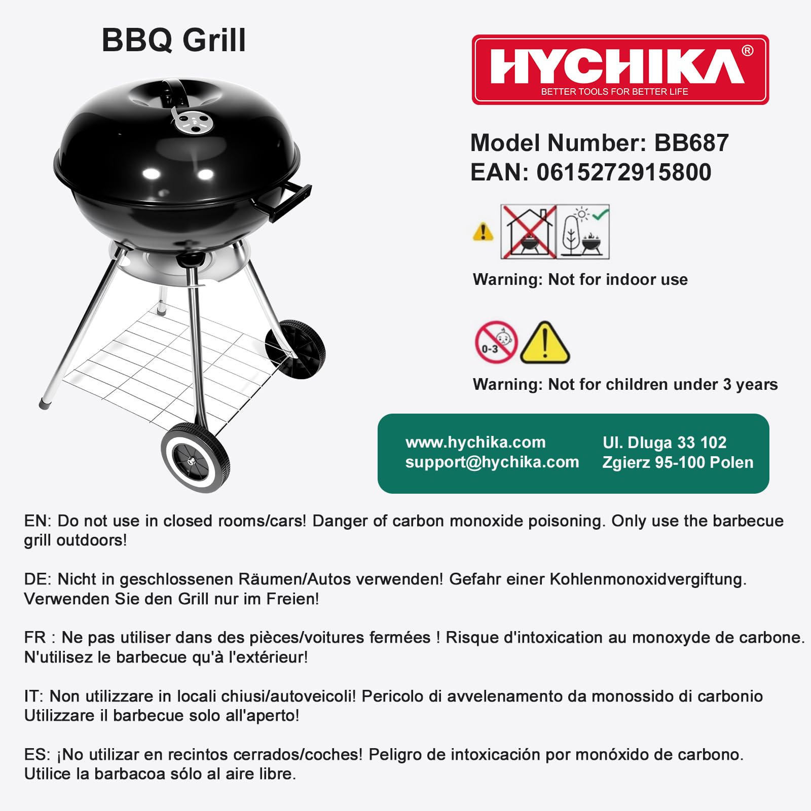 HYCHIKA Barbecue Charbon de Bois, Barbecues à charbon Ø47cm 18pouce Rond Vertical BBQ Compact Grill avec Couvercle Grille Chromée Roues, pour le Jardin Balcon Camping L'extérieur