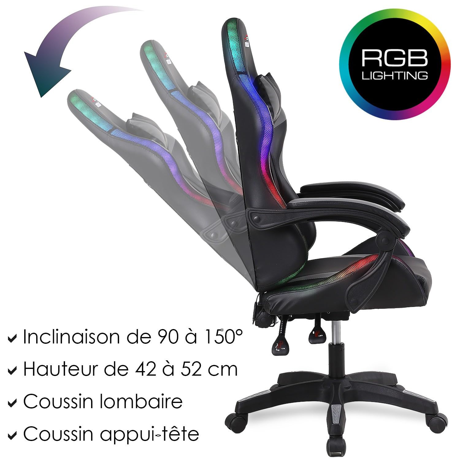 AMSTRAD AMS-800-LED-BK Sillón/Silla de oficina Gamer Negro Gris - Iluminación LED 358 Efectos - Mando a distancia