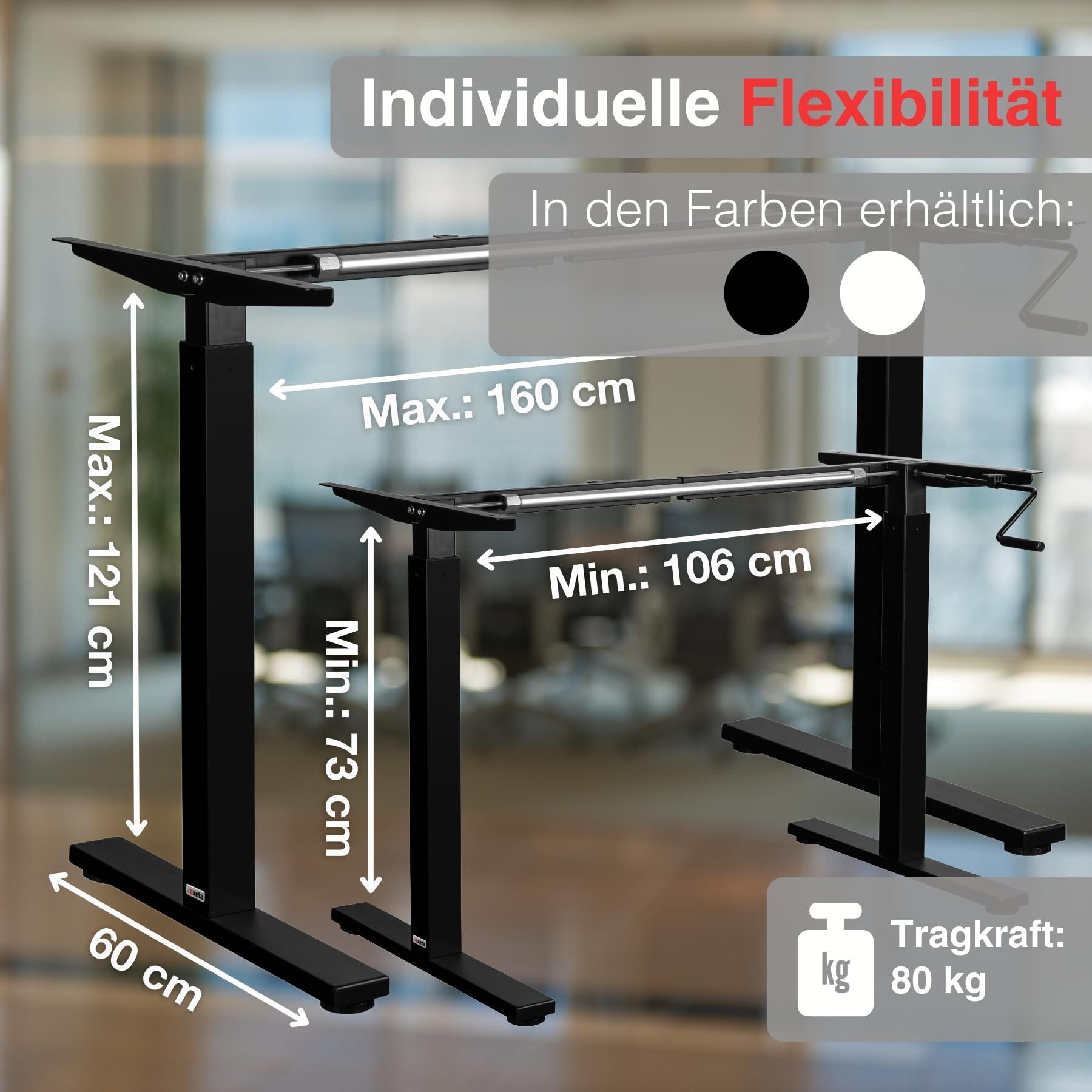 ergoM Schreibtischgestell höhenverstellbar mit Kurbel in schwarz I Tischgestell höhenverstellbar von 73-121cm I Höhenverstellbarer Schreibtisch manuell perfekt fürs Büro & Homeoffice (Schwarz)
