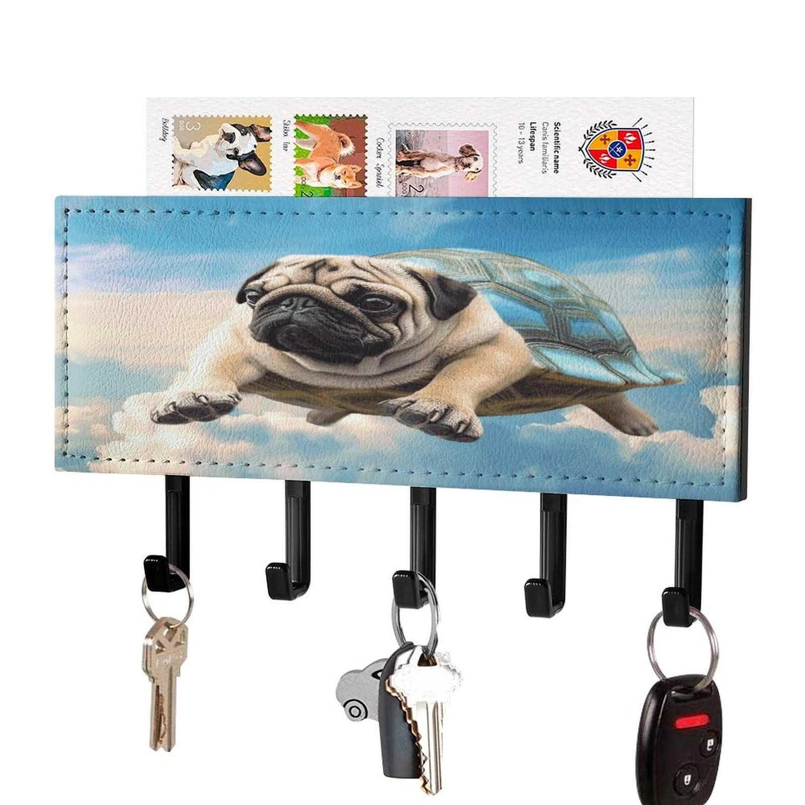 Vstadank Black-Style Funny Turtle Pug Dog In The Sky Key Holder For Wall Decorative Mail Organizer Exquisite Coat Rack Pu Wall Mount Adhesive Keys Rack With Tray&5 Key Hook For Door Hallway Entryway Decor
