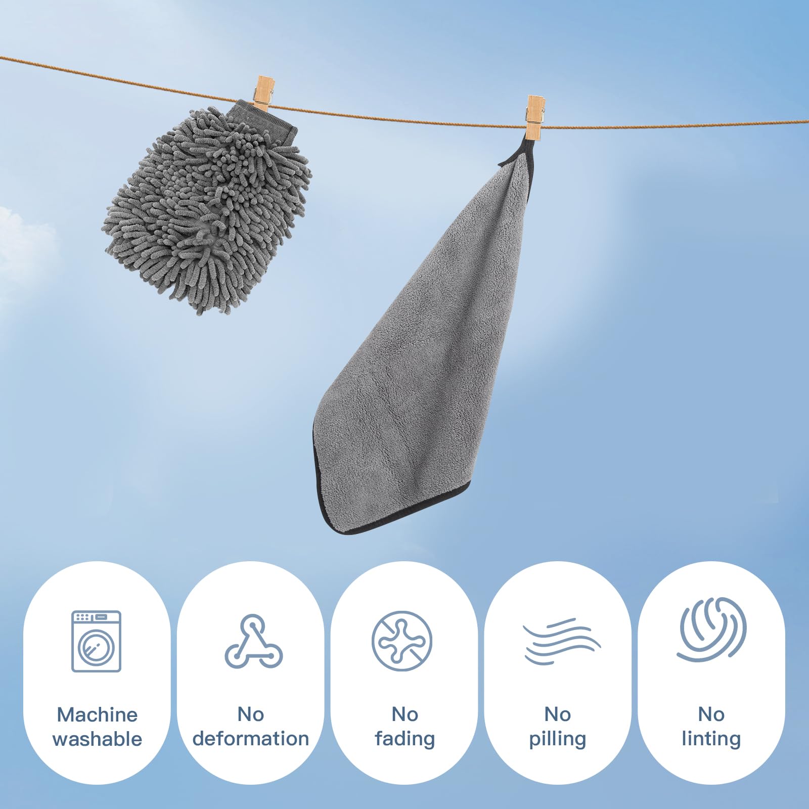 Kit Nettoyage Voiture 5 Pièces - 3 Chiffons Microfibre + 2 Gants Lavage - Sans Rayures - 9