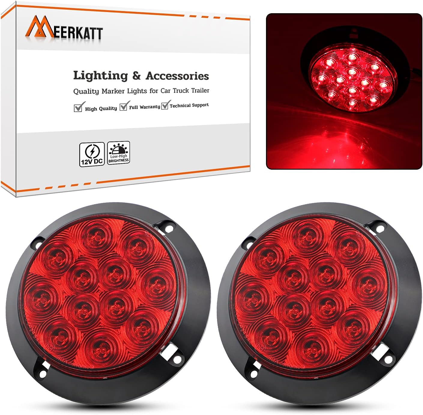 Meerkatt 4 Inch Round Tail Lights Turn Signal Red Lights 12 LED Polycarbonate Lens Durable Lorry Truck Bus Tractor Car 12V DC Shockproof Waterproof / 2 Pcs.