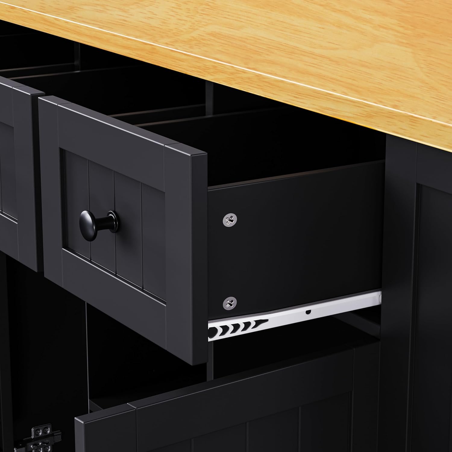 53inch Large Kitchen Island with Drop Leaf,Power Outlet,Door Internal Storage Rack,Rolling Kitchen Cart on 5 Wheels with 5 Open Side Racks for Kitchen,Dining Room(Not include bar stools) (Black)