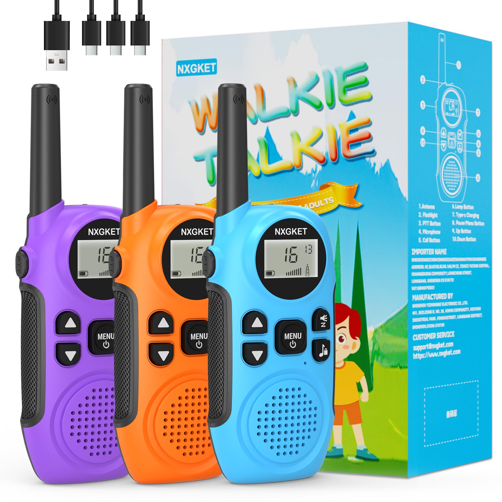 NXGKET Walkie Talkies für Kinder - Spielzeug 3-12 Jahren Junge, Funkgerät Set mit Taschenlampe, 3KM Große Reichweite, 16 Kanal Walkie Talkie für Abenteuer im Freien, Camping, Wandern– 3er Set