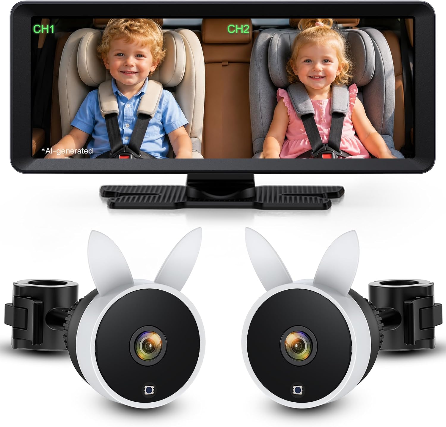 BV3 MAX Dual Baby Car Camera Monitor, 7.2 Split Screen for 2 Kids | 1080P Auto IR Night Vision, Rear Facing Car Seat View, Adjustable Brightness, Recording & Playback Support (White)