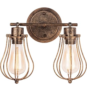 Industrial Wall Sconce Rustic Attic Antique Wall Lights Wire Cage Adjustable Socket Edison Vintage Metal Retro Lamp Lamps for Bedroom without Lamp with 2 Lights Bronze
