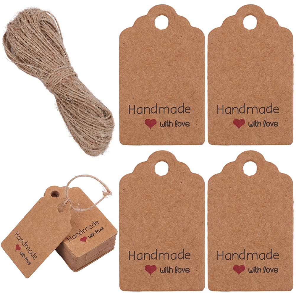 SOFPLATE 150Pcs Handmade with Love Gift Tags Gifts Wrapping Tags Burlywood Kraft Paper Rectangle Red Heart Hanging Labels Tag with 66 Feet Jute String for DIY Crafts Wedding Party Favors Wrap Decor