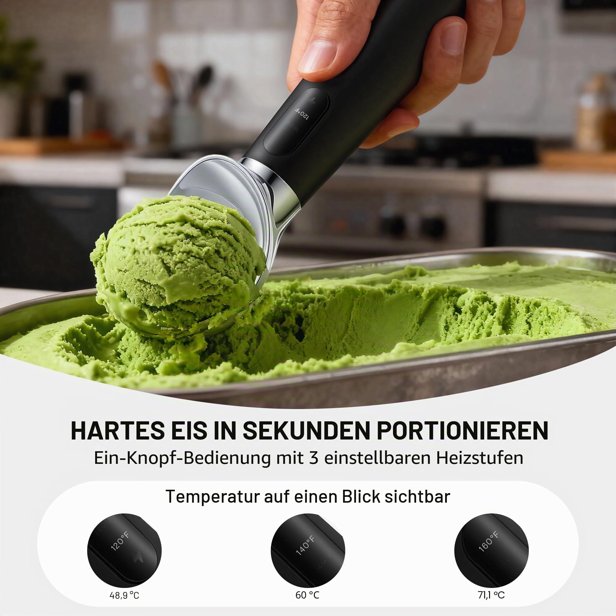 VRAIKO Beheizter Eisportionierer | Wärmender Eisportionierer mit 3-stufig einstellbaren Heizungen – 52/62/71 °C, LED-Display, 2600 mAh Kapazität, wiederaufladbar | für hartes Eis und mehr (schwarz)