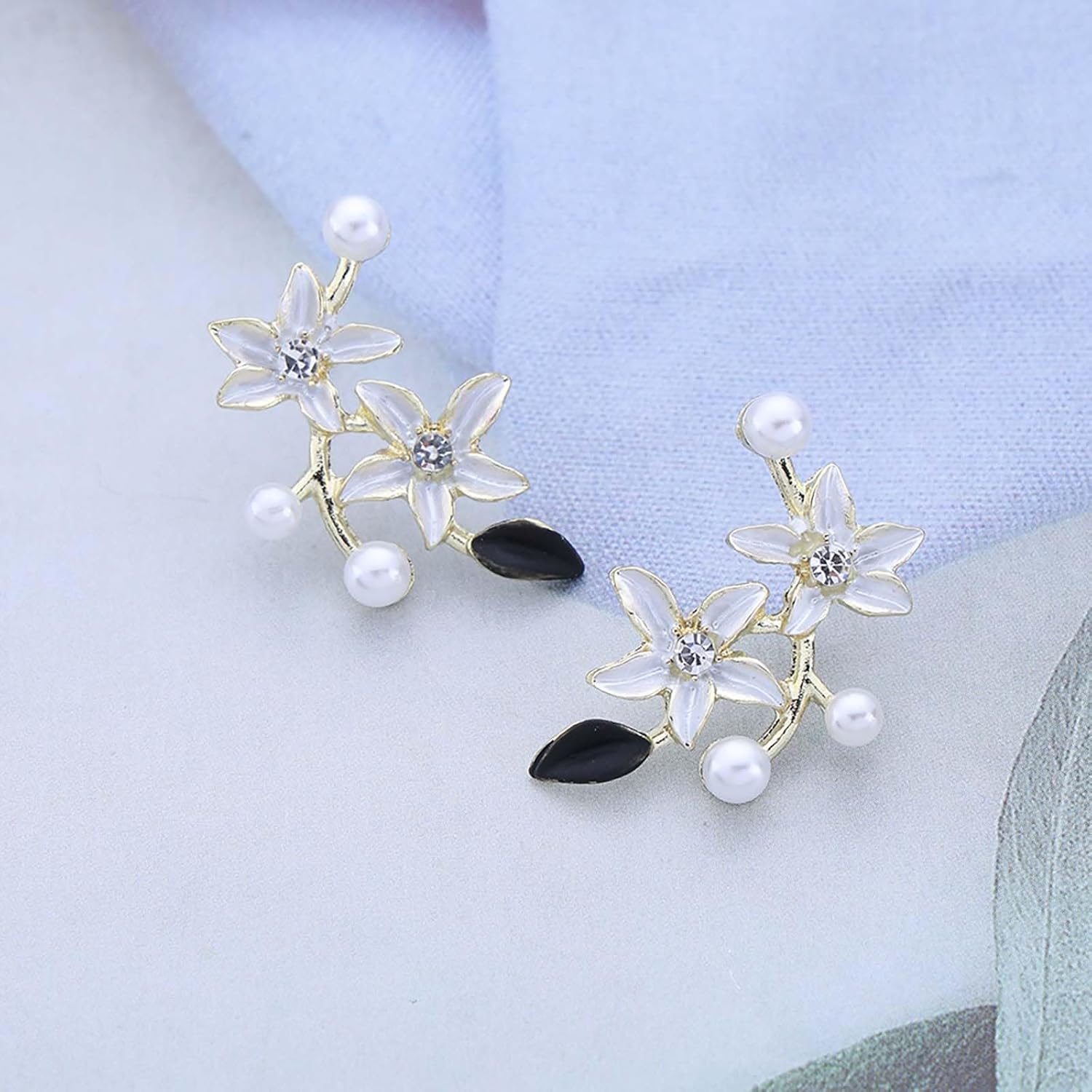 Vintage Pearl Flower Ear Climber Earrings White Enamel Flower Earrings Gold Flower Pearl Climber Crawler Earrings Tiny Pearl Flower Petal Earrings Jewelry for Women - Image 6
