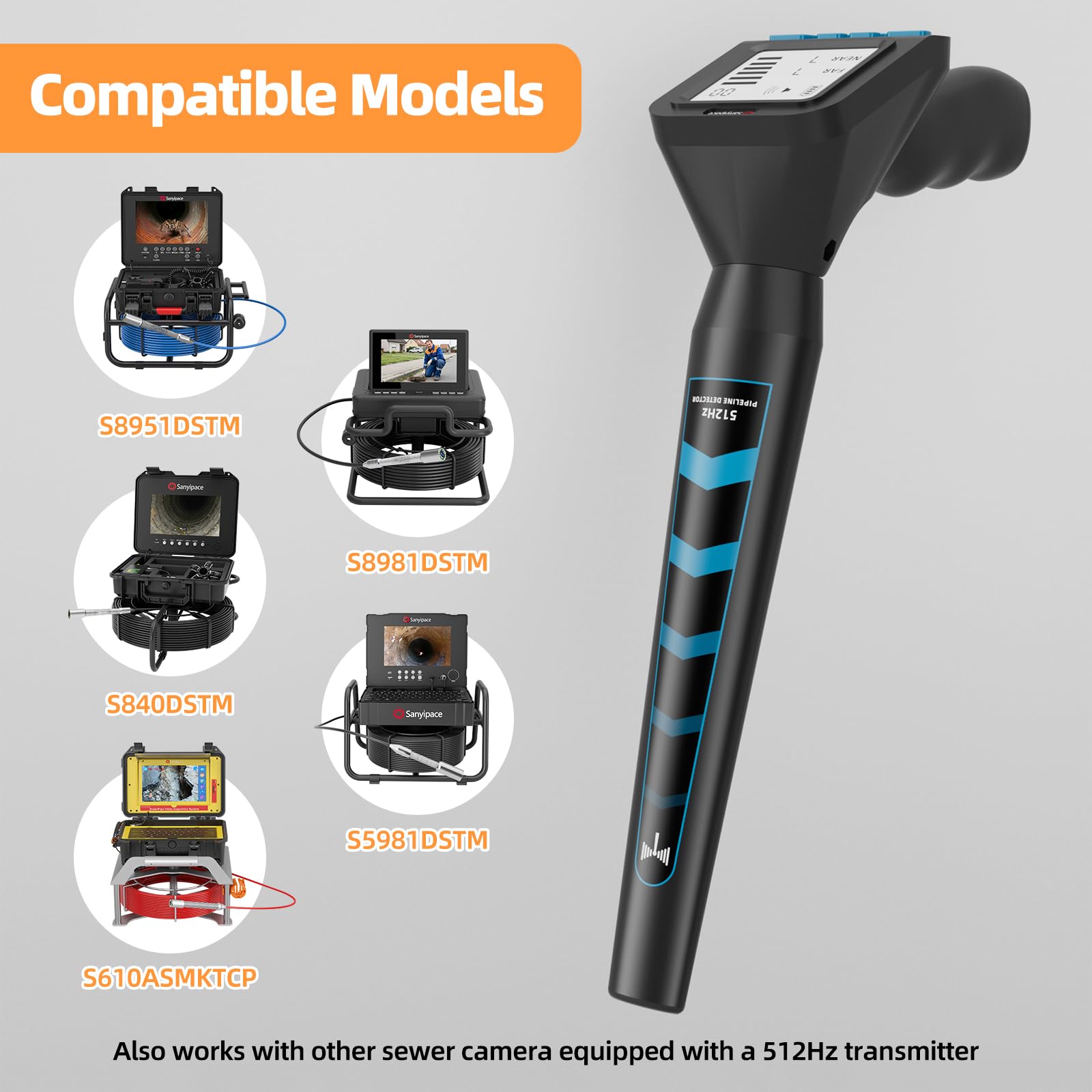 Localizador de Tuberías de 512 Hz, Sanyipace Receptor Inalámbrico de 512 Hz con Pantalla de 3 Pulgadas, Batería de 3000 mAh, Altavoz, Cambio Entre Modo Cercano y Lejano, Mango de ángulo Ajustable