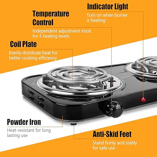 Miniatura 5 de Placa de cocción doble, quemador portátil de encimera de 2000 W y estufa eléctrica, estufa de hierro fundido de 5 niveles de temperatura para hogar,