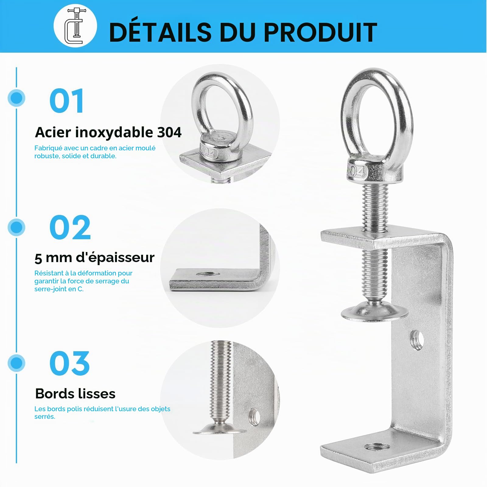 EXLECO Lot de 4 pinces en C de 24-70 mm en acier inoxydable - Pince à vis - Pince de fixation pour le travail du bois, le soudage, la menuiserie, les ouvertures de mâchoire réglables
