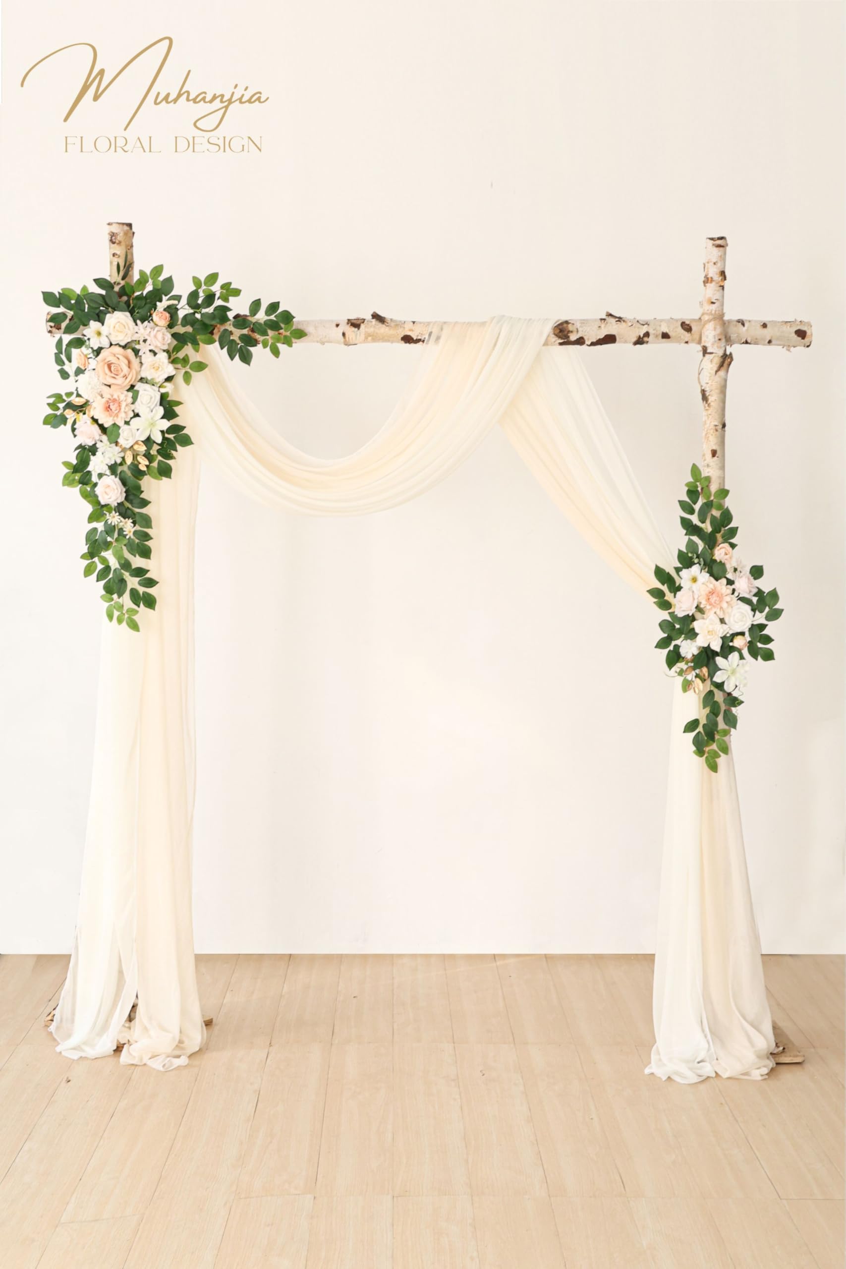 Muhanjia Künstliches Hochzeitsbogen-Blumen-Set (4 Stück), 2 künstliche Blumenbögen, 2 Chiffon-Stoffvorhänge, Zeremonie-Dekoration, Blumen-Party-Dekoration (Champagner und Creme)