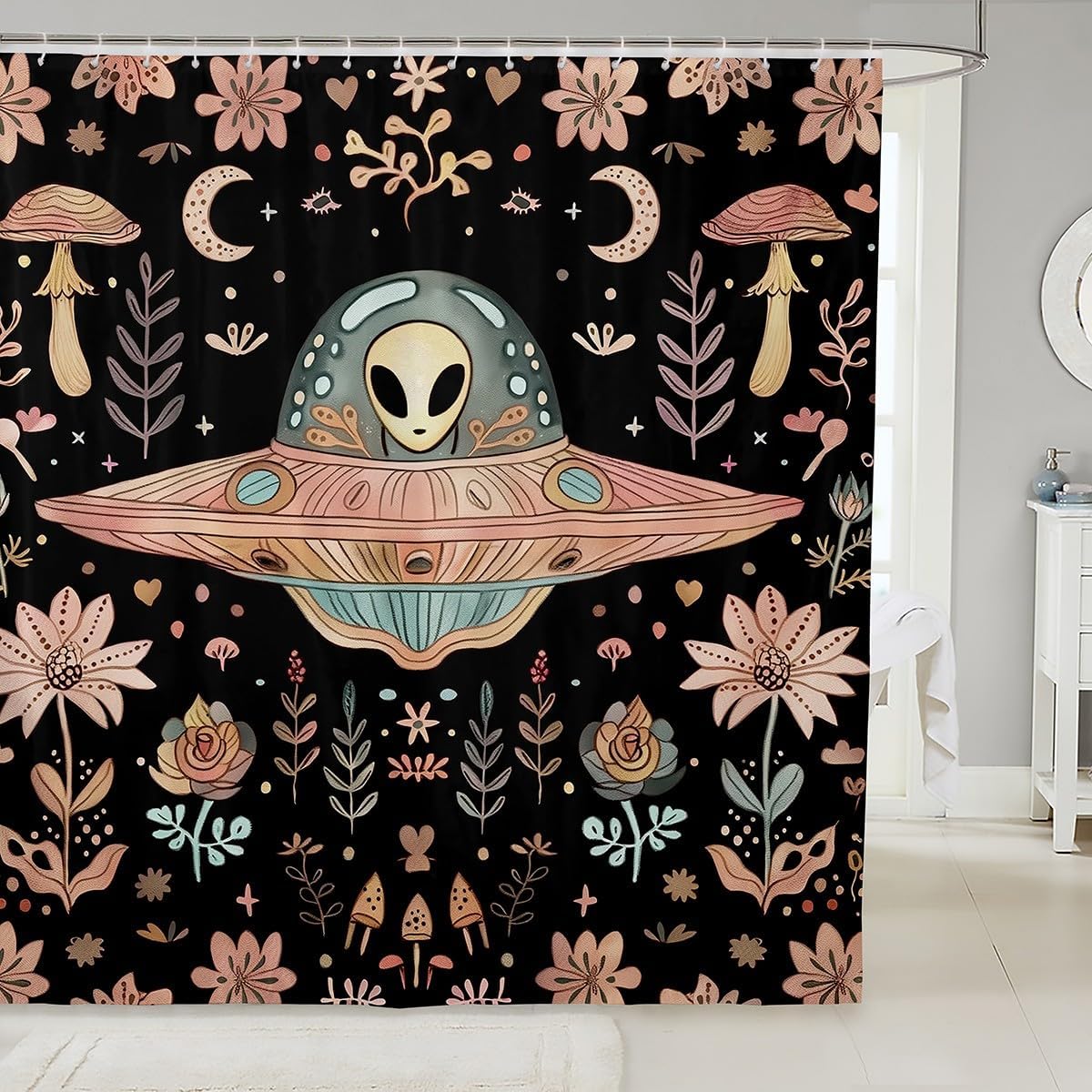 Manfei Alien Black Fabric Shower Curtain,Outer Space Spaceship Starry Moon Shower Curtain for Bathroom,Pink Mushroom Nature Botanical Flowers Plants Waterproof Shower Curtain 78 Inch Long