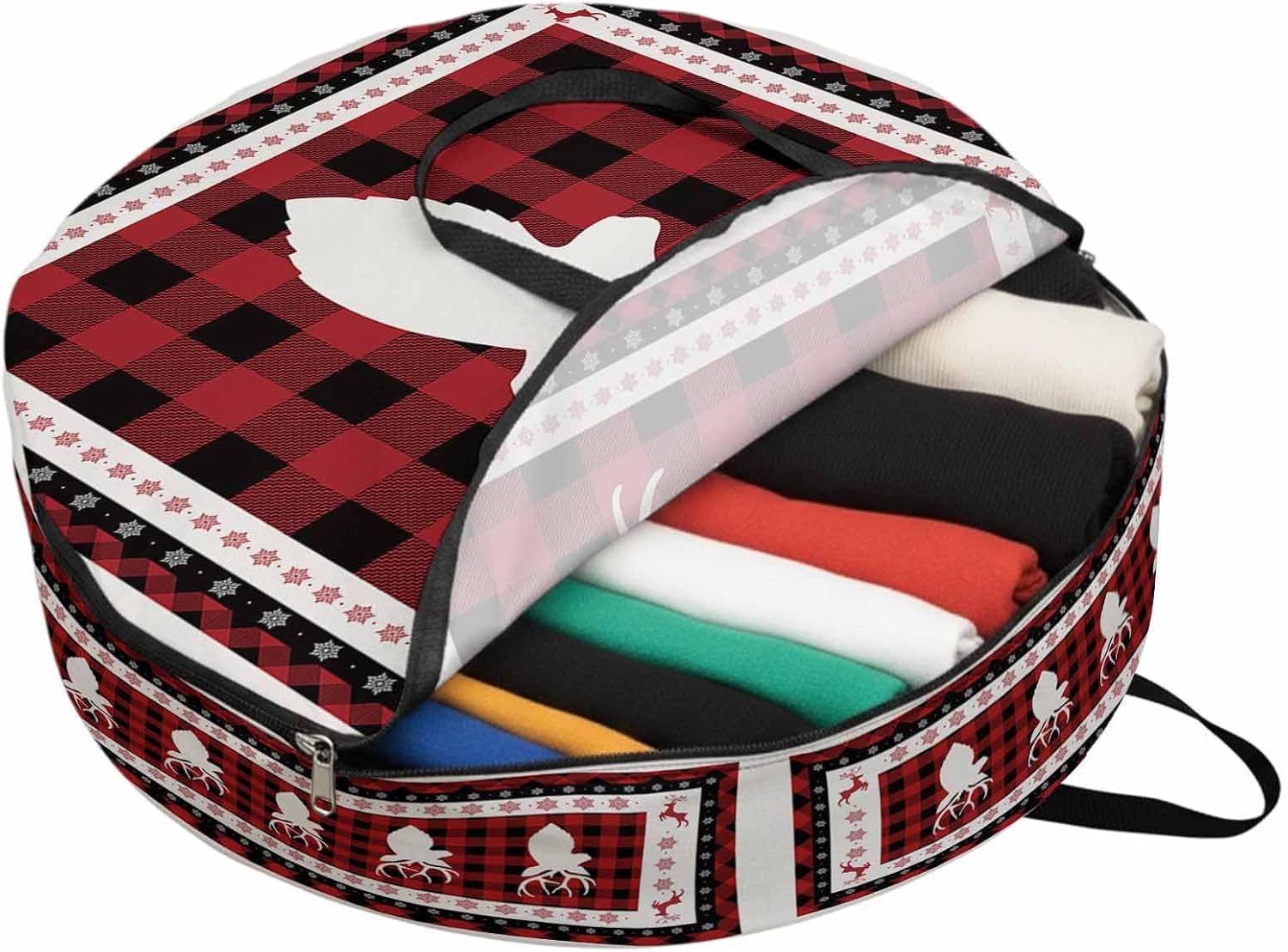Xmas Deer Round Storage Bag 36 Inch, Red Buffalo Plaid Clothes Storage Container with Handles Heavy Duty Organizer for Comforter, Bedding & Holiday Wreaths