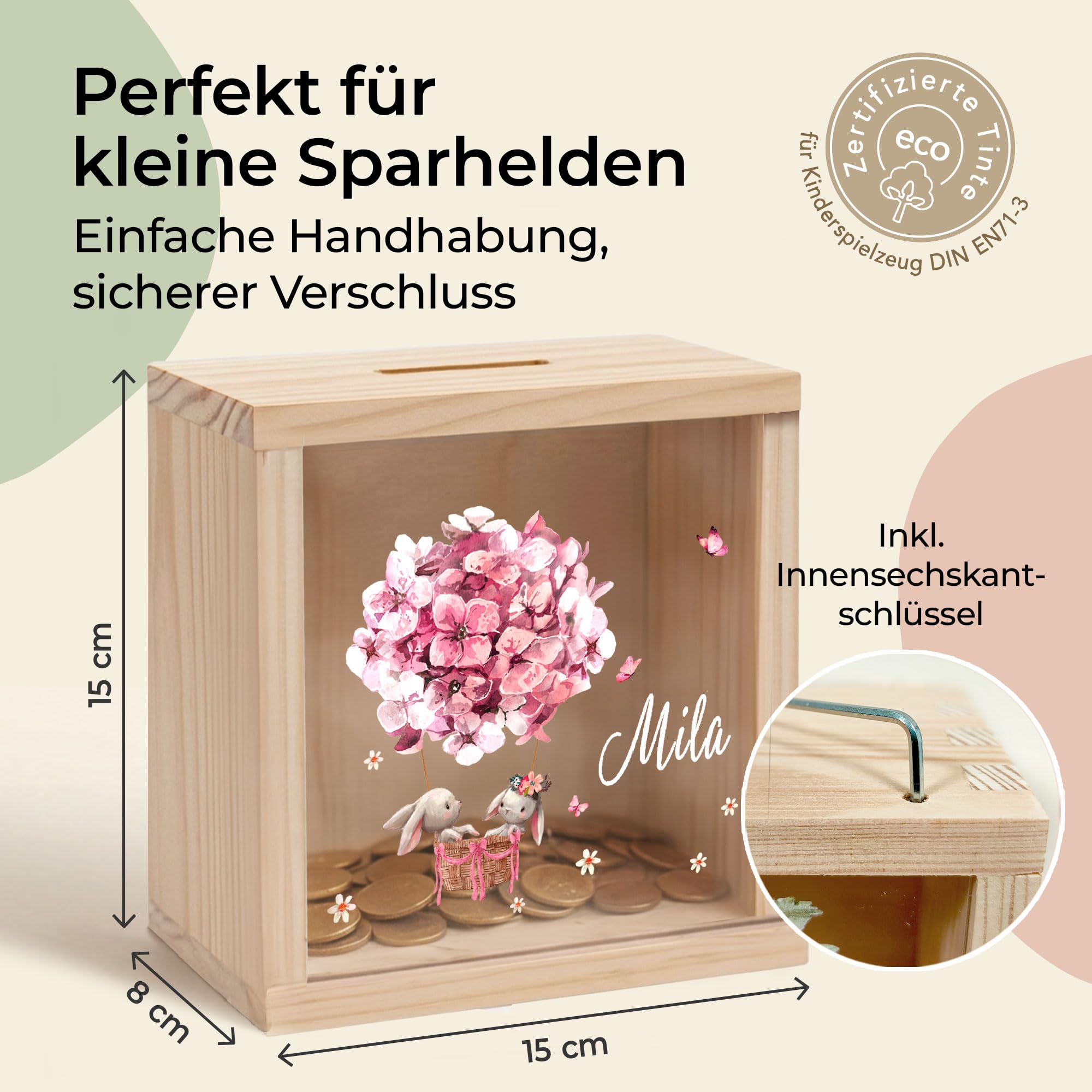 Little-Deco Spardose, Geldkassette, Sparbox, Geld sparen, Sparschwein Kinder, personalisierte Geschenke Kinder, personalisierte Spardose, Holzspardose, Taufgeschenke, Geschenk zur Geburt, 15x15cm