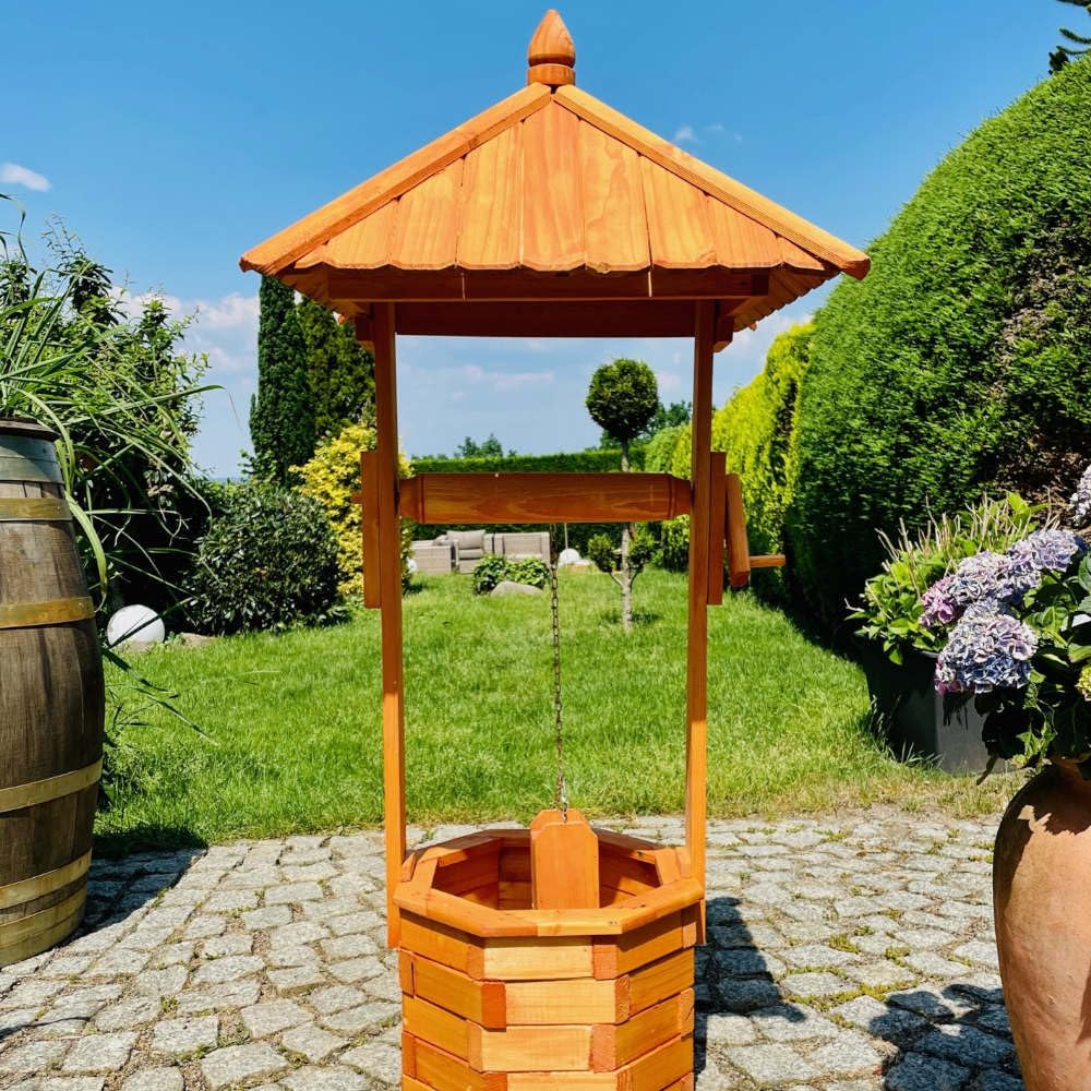 Dekoracyjna fontanna ośmiokątna z drewna, brązowa, wysokość 130 cm, fontanna ogrodowa, impregnowana