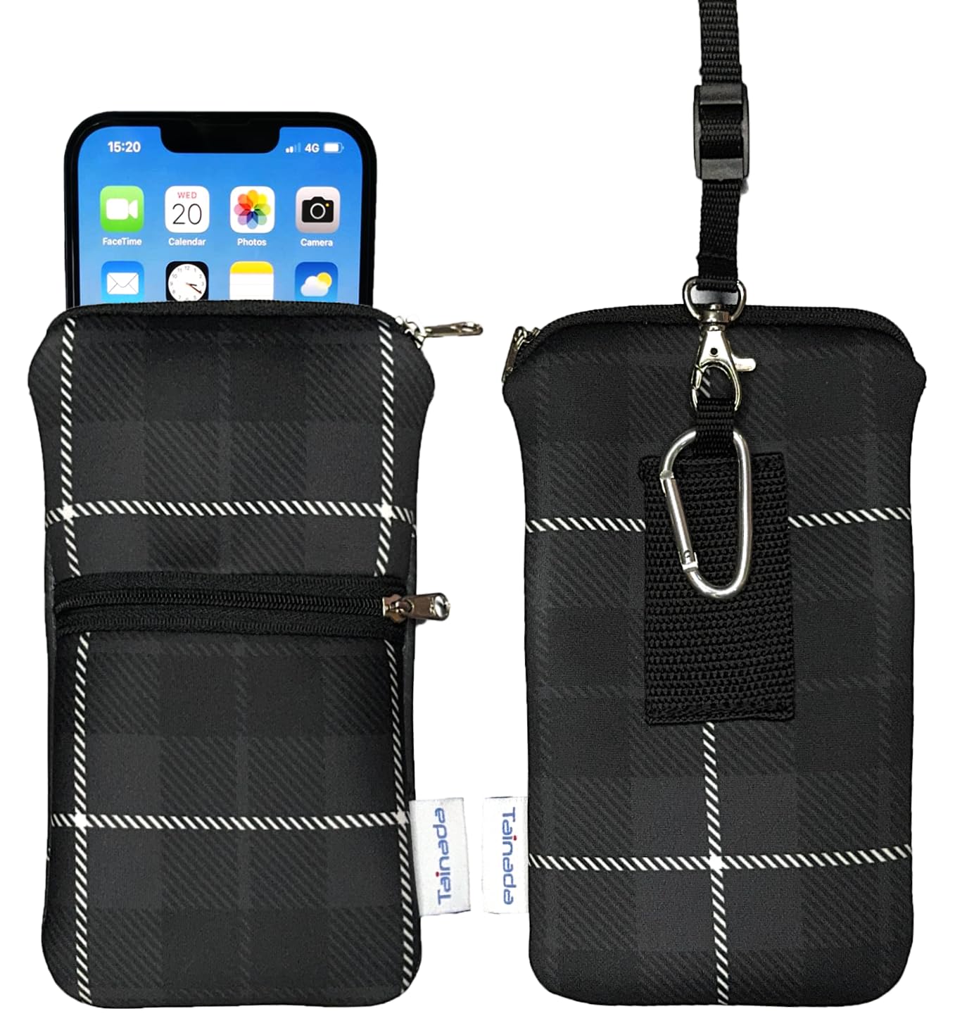 Tainada Dual Zipper Neck Phone Holder Pouch w/Belt Loop (Black Gray Plaid)