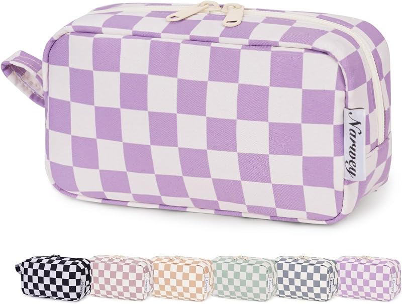 Necessaire de maquiagem Narwey pequena com estampa xadrez, roxa, fechamento por zíper