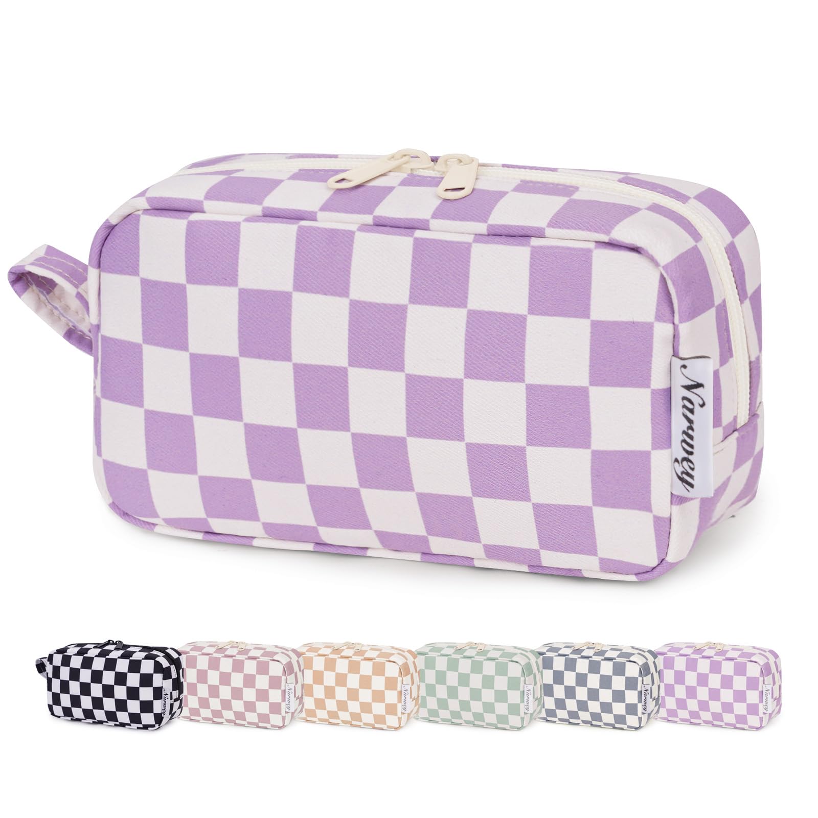 Narwey Small Checkered Makeup Bag for Purse Travel Makeup Pouch Mini Cosmetic Bag Zipper Pouch for Women (Purple Checkerboard, Small)