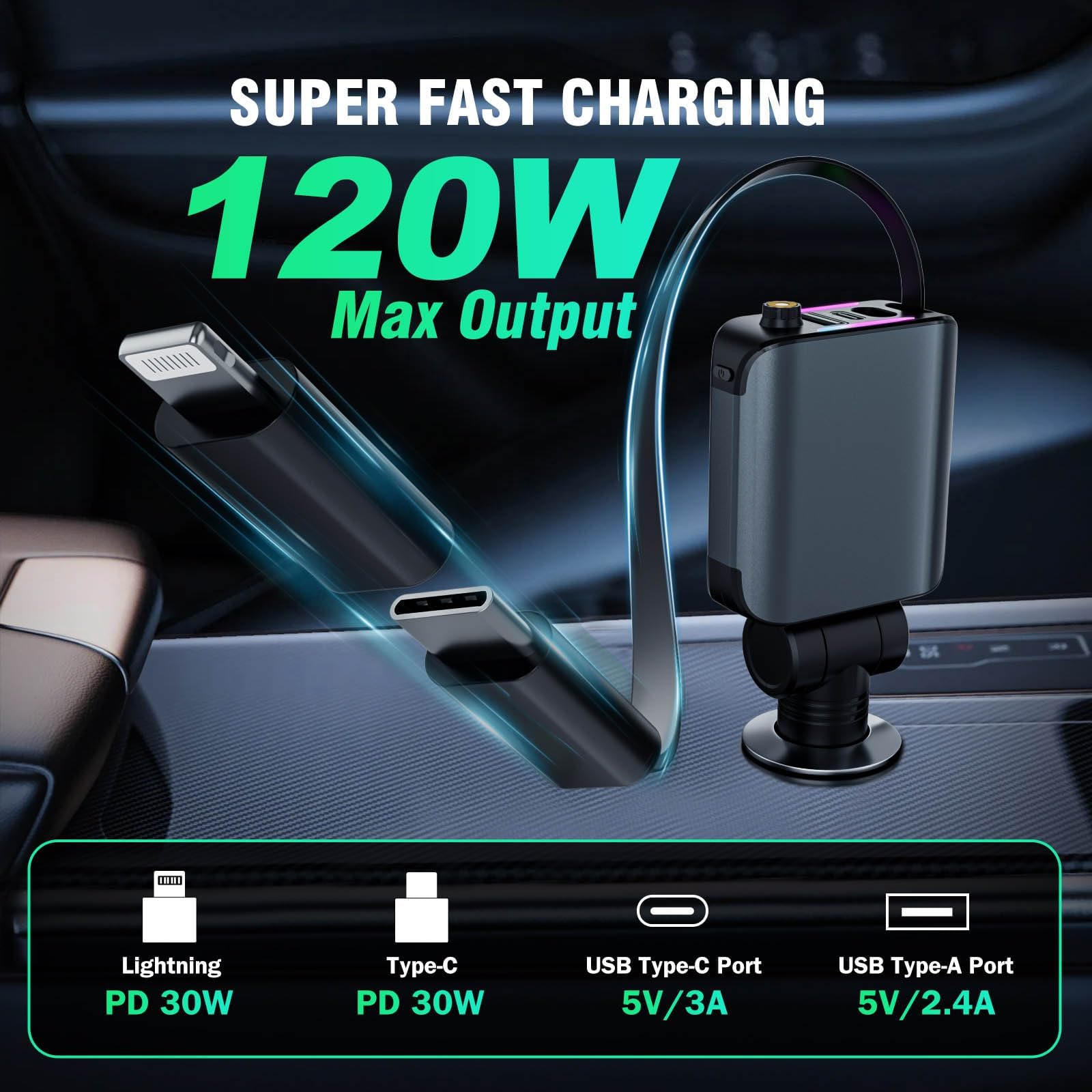 Cargador retráctil de coche con luz de estrellas, 4 en 1 [120 W] USB C para iPhone y Android, cargador de coche de carga rápida, compatible con iPhone 16/15/14/13/12/11, regalos de San Valentín para