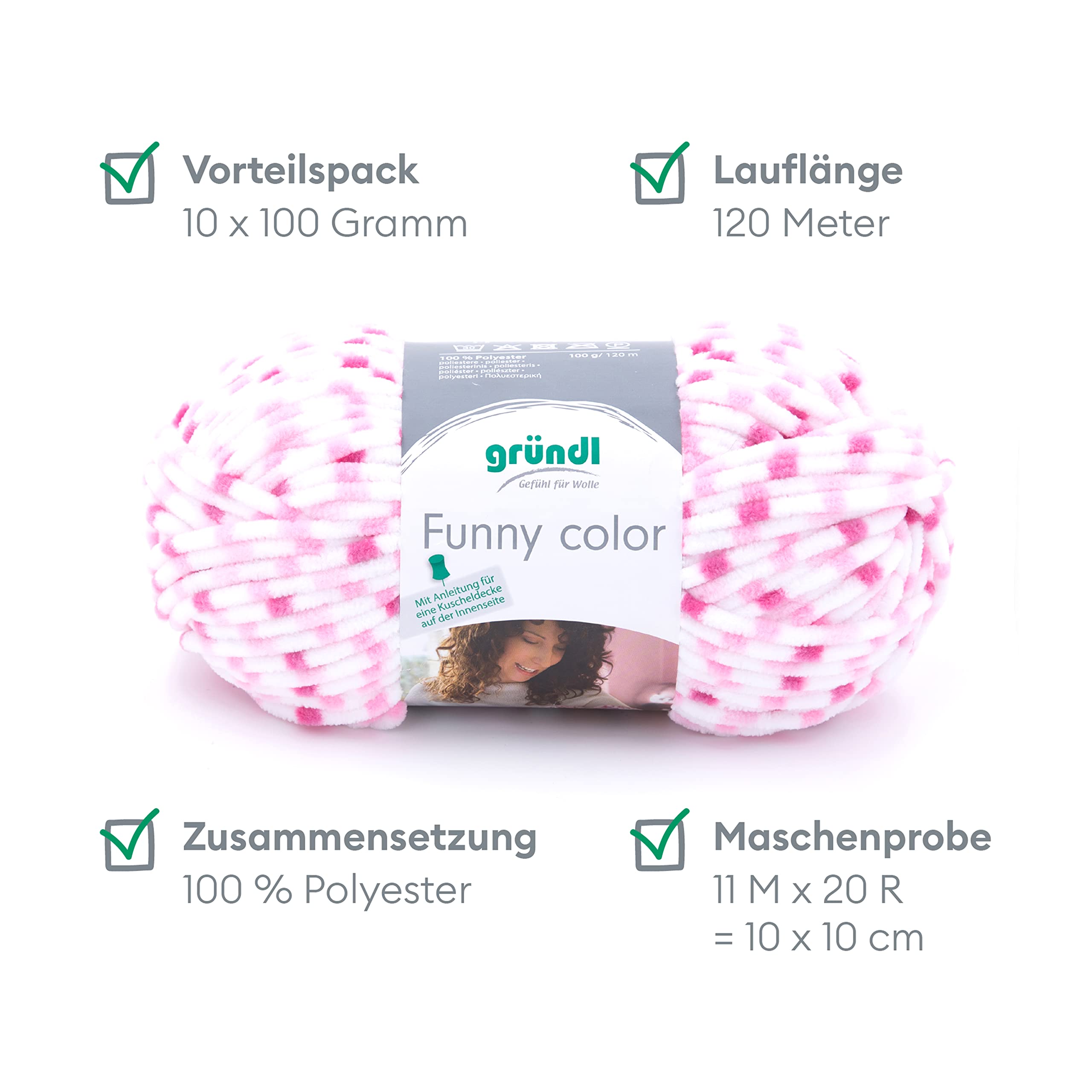 Gründl Funny Color, 10 x 100 g, Fuchsia Pink Colour | Samtartiges Chenille Strick- & Häkelgarn aus 100% Polyester, 120 m, Nadelstärke: 5 - 6
