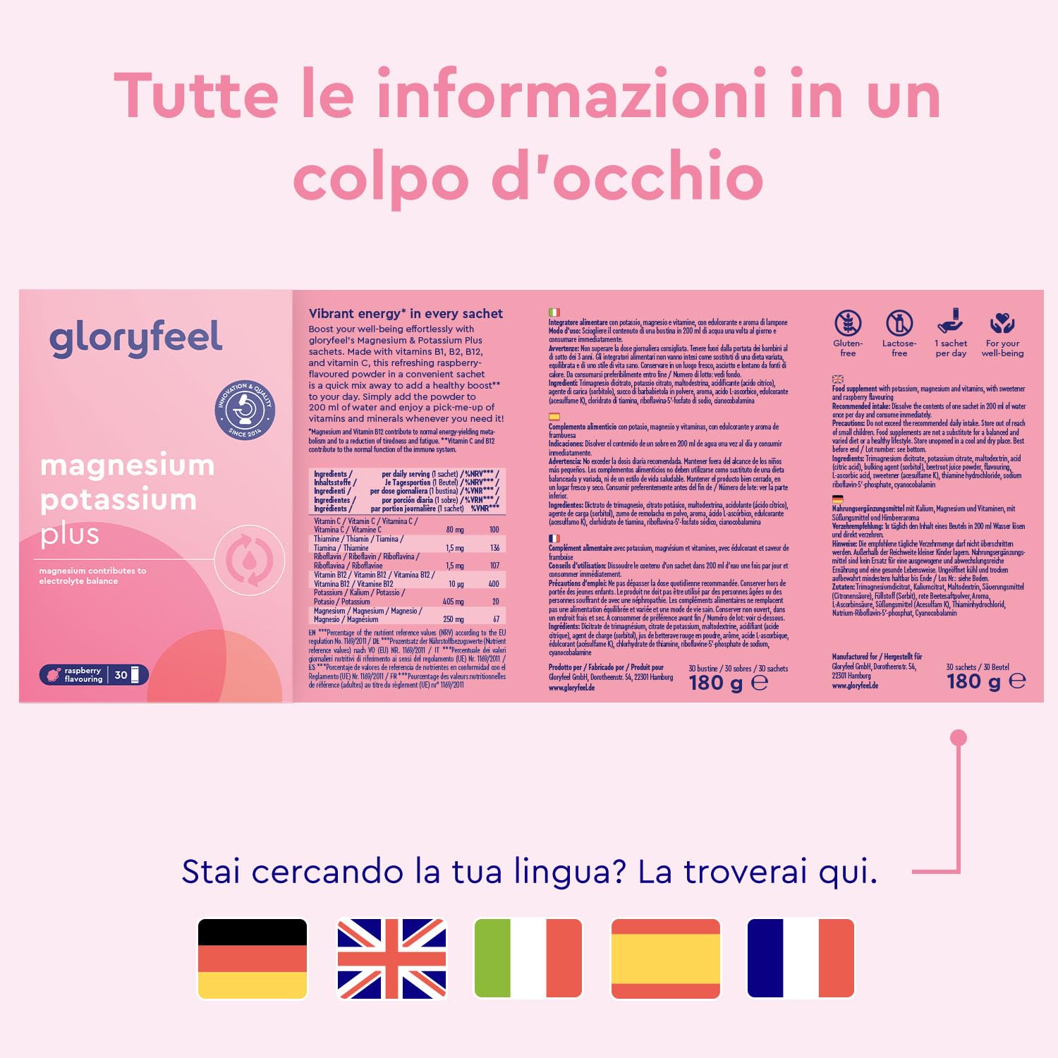Magnesio e Potassio Integratore, Eletto PRODOTTO DELL'ANNO 2025, Gusto Lampone, 30 Bustine, Vitamina C, B12, Riboflavina e Tiamina, Contro Stanchezza e Affaticamento, per Sistema Immunitario e Nervoso