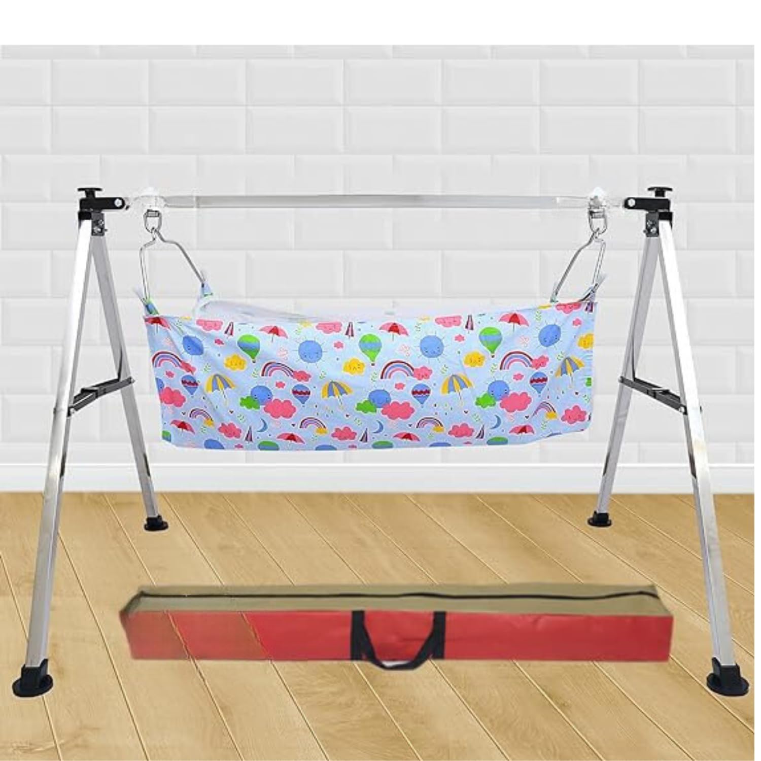 TRENDY CREATION HUB Foldable Cradles for 0 to 2 Years Baby Swing Cradle for New Born Baby Strong & Sturdy Cotton Jhula Palna Ghodiyu Hammock (Black - Square Rod)