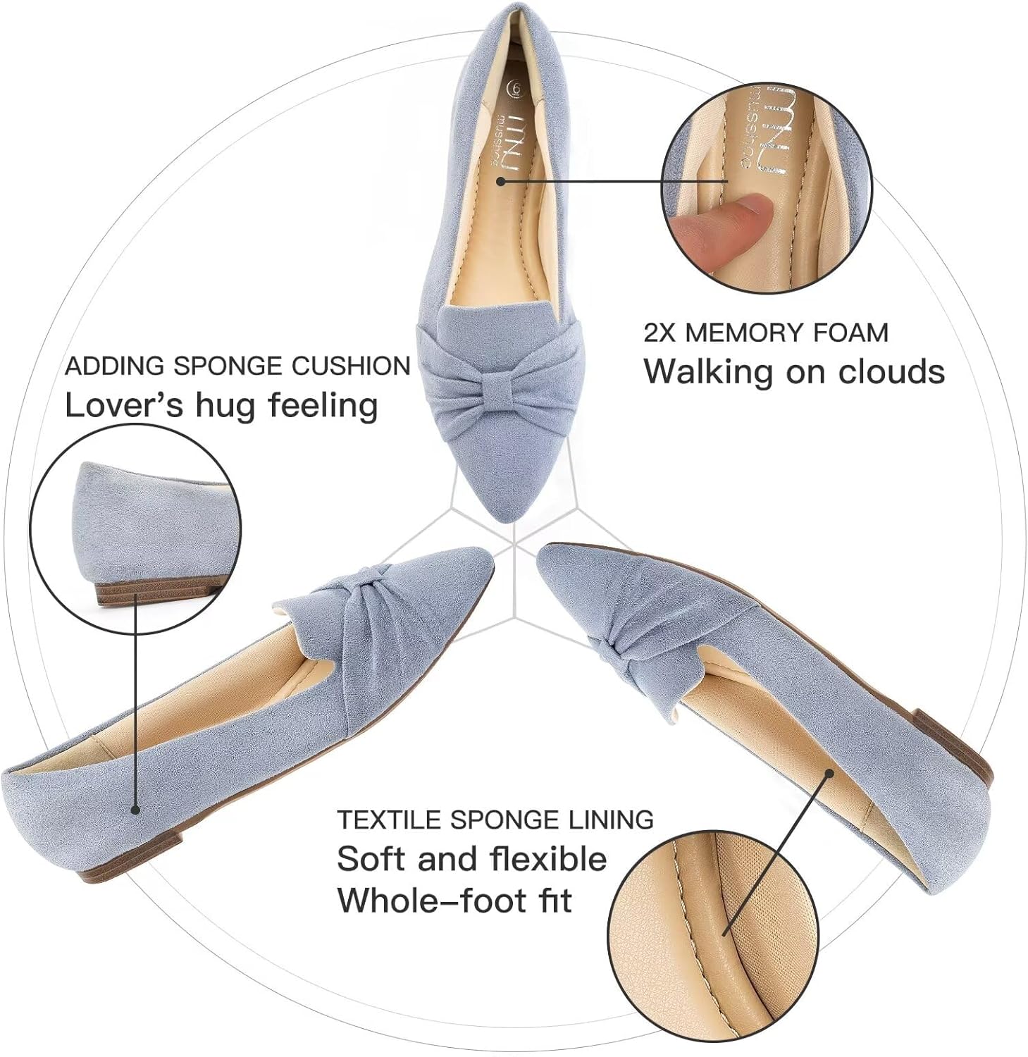 MUSSHOE Flat Shoes Women Comfortable Pointed Toe Slip on Women's Flats,Gray Suede 10 - Image 6